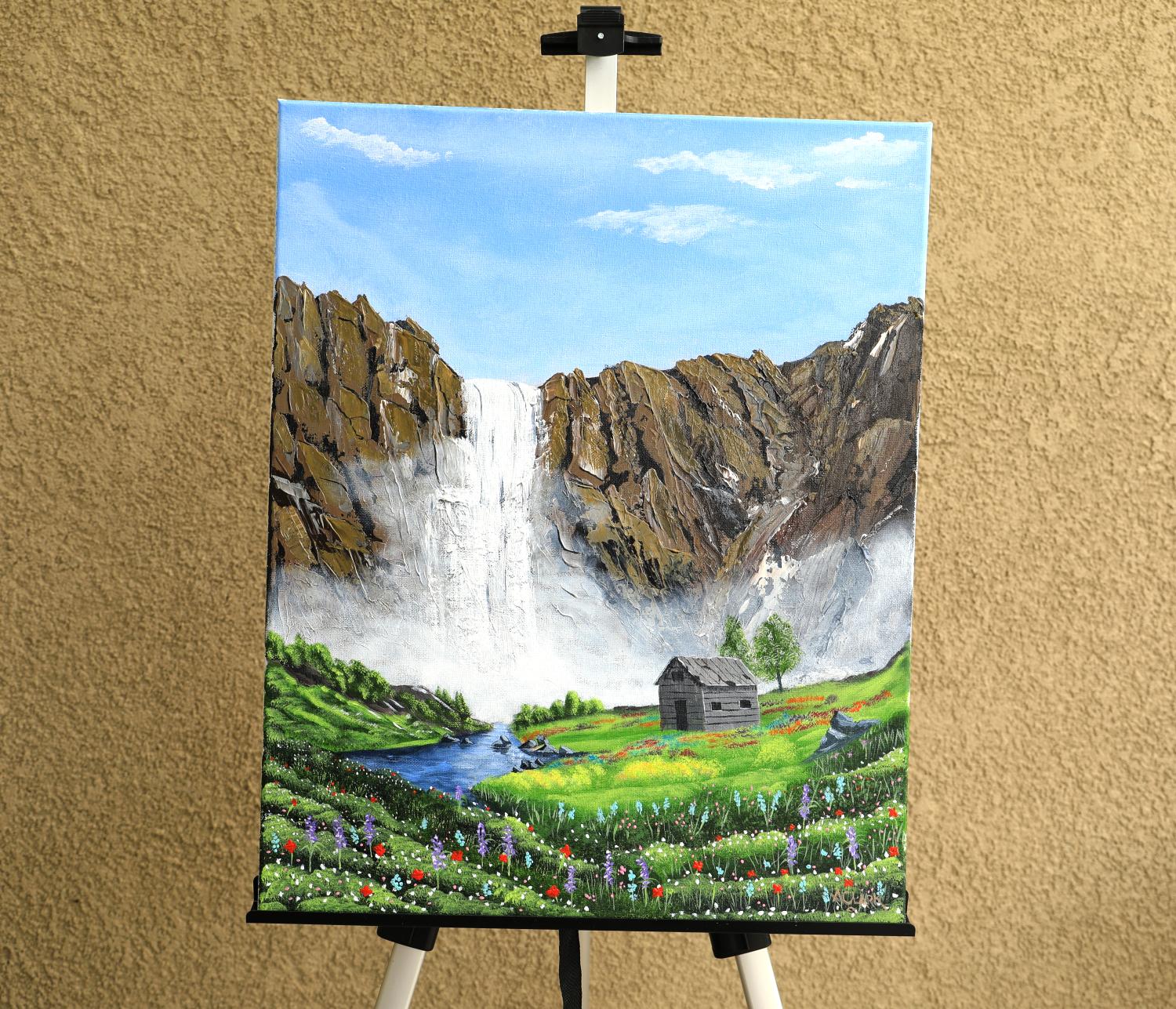 <p>Artist Comments<br>Nestled amidst a sea of wildflowers, a weathered cabin stands quietly. Crimson poppies, azure cornflowers, and golden daisies blanket the meadow. In the distance, a colossal waterfall spills down a misty cliff, its thundering