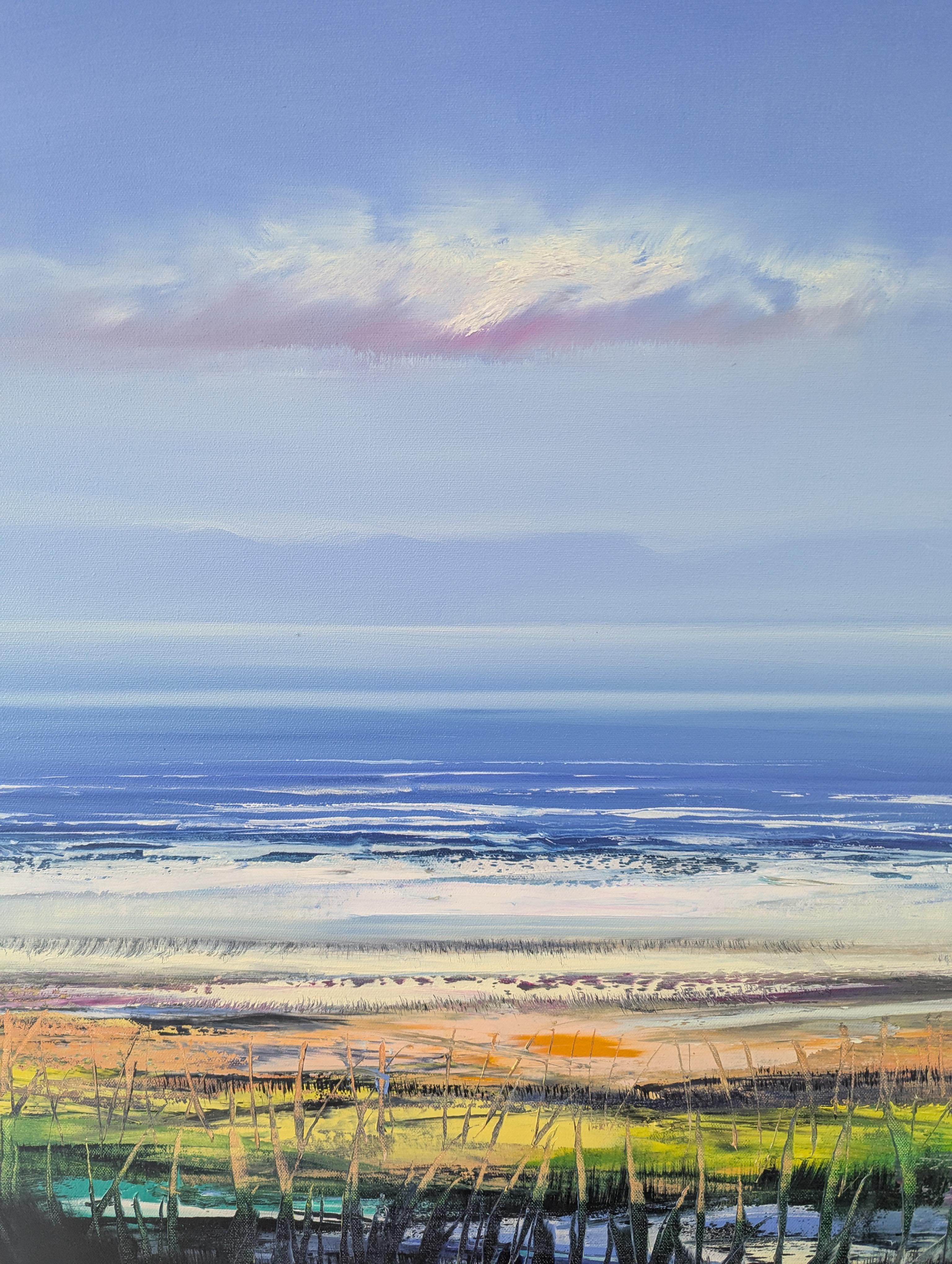 Ciel bleu, peinture à l'huile - Bleu Landscape Painting par George Peebles