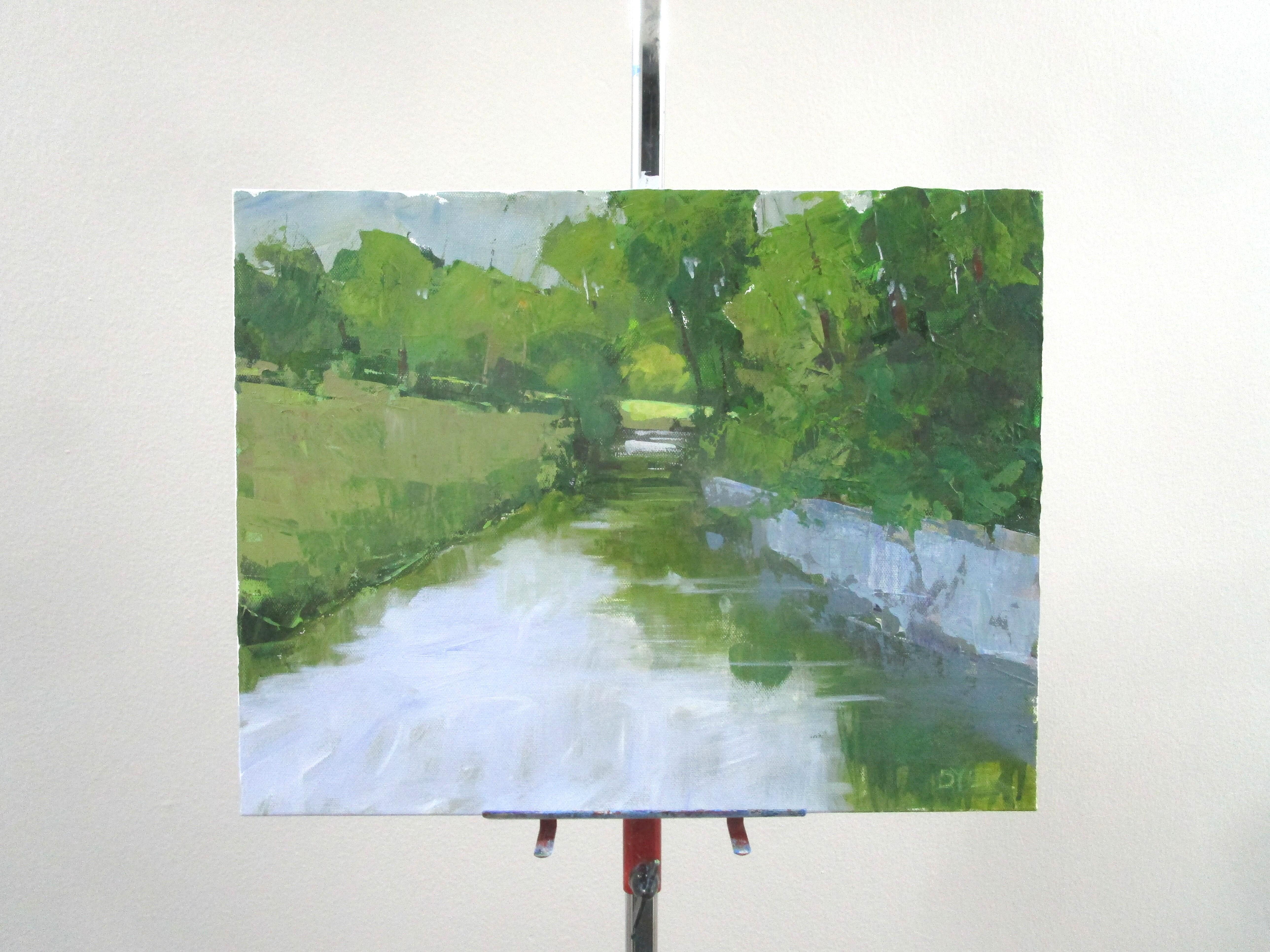 <p>Artist Comments<br>A river cuts through a quiet, secluded meadow. The lush greens reflect on the water's calm surface, while patches of sunlight add brilliance and warmth to the scene. Artist Janet Dyer painted the piece with a brush and palette