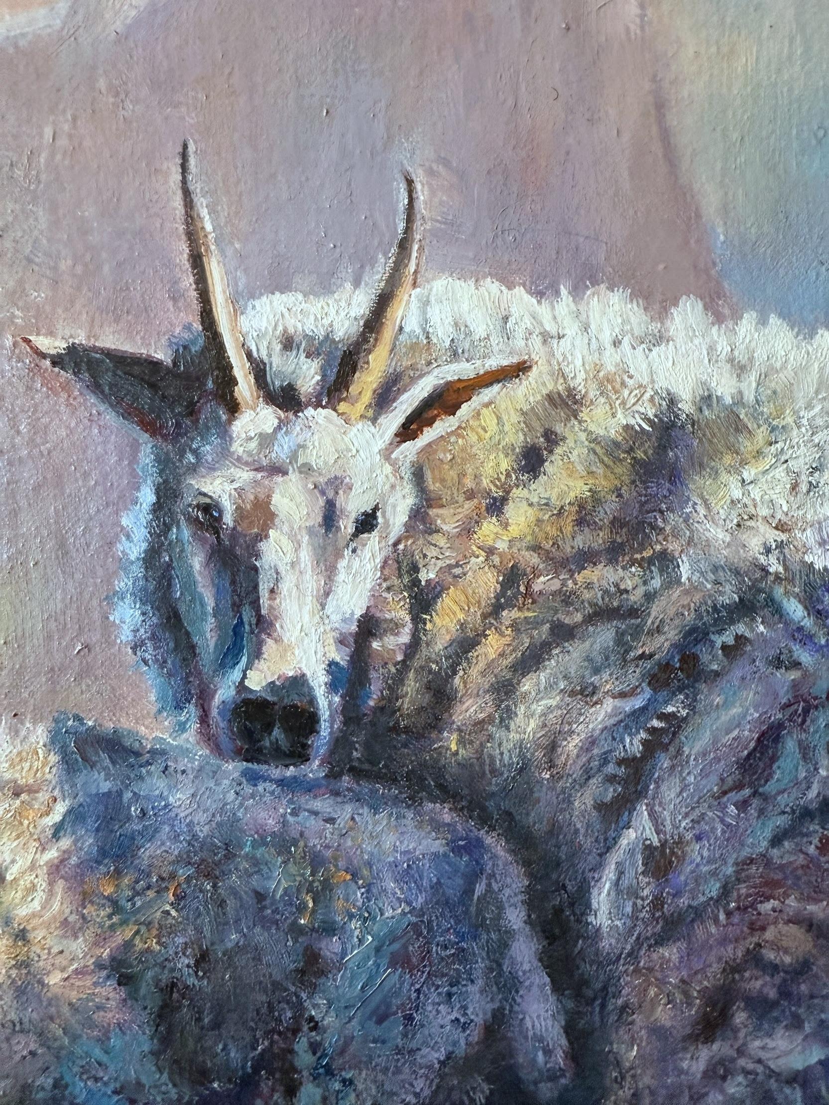 Sur les hauts lieux, peinture à l'huile - Gris Animal Painting par Jan Fontecchio Perley