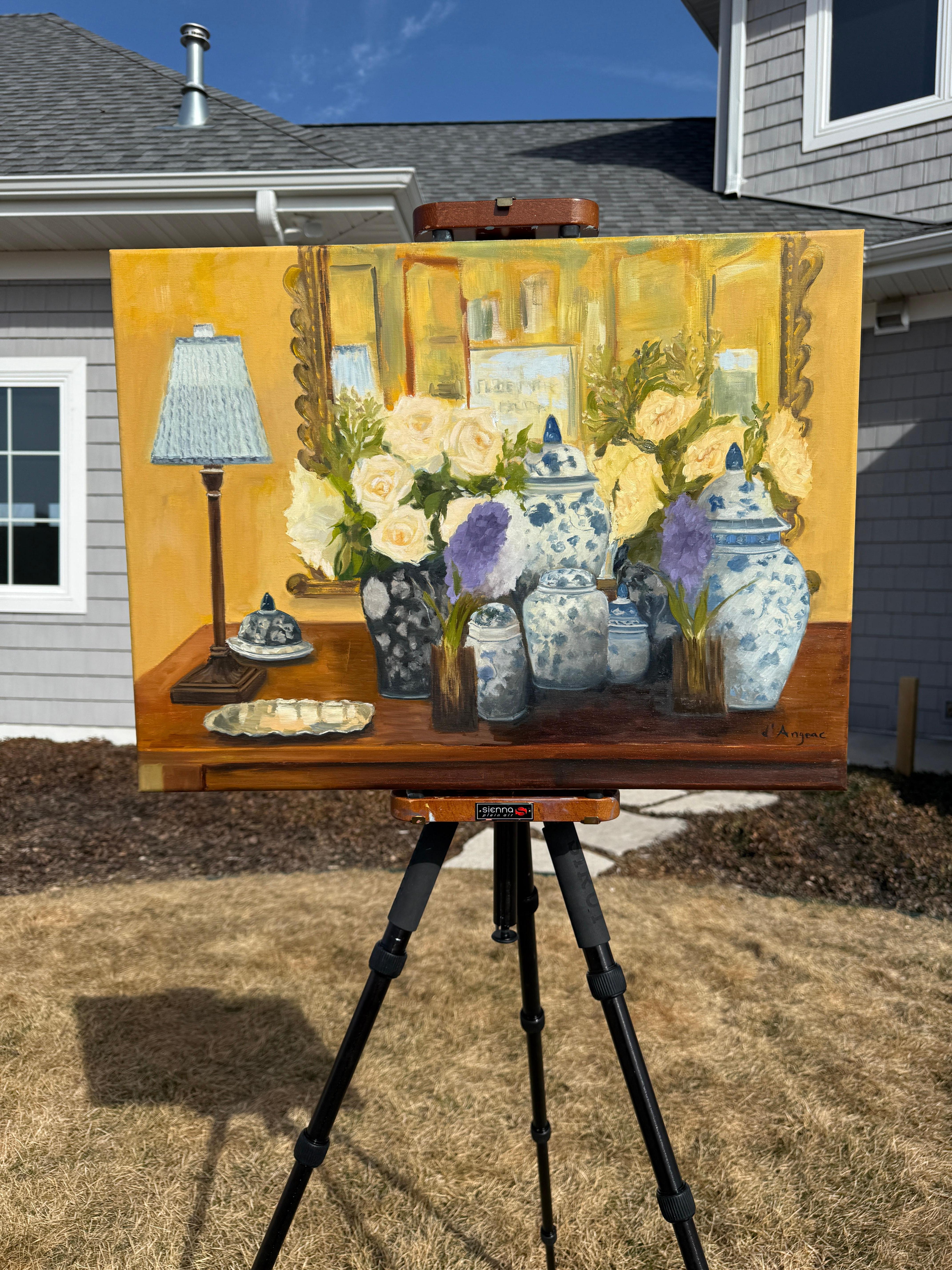Nature morte en porcelaine bleue et blanche, peinture à l'huile - Impressionnisme Painting par Karen d’Angeac Mihm