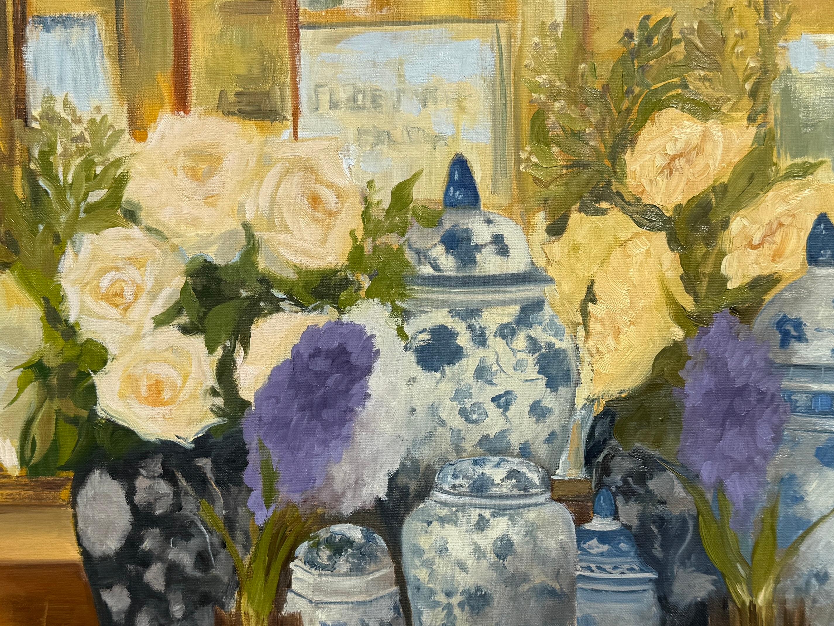Natura morta di porcellana bianca e blu, pittura ad olio - Still-Life Painting Marrone di Karen d’Angeac Mihm