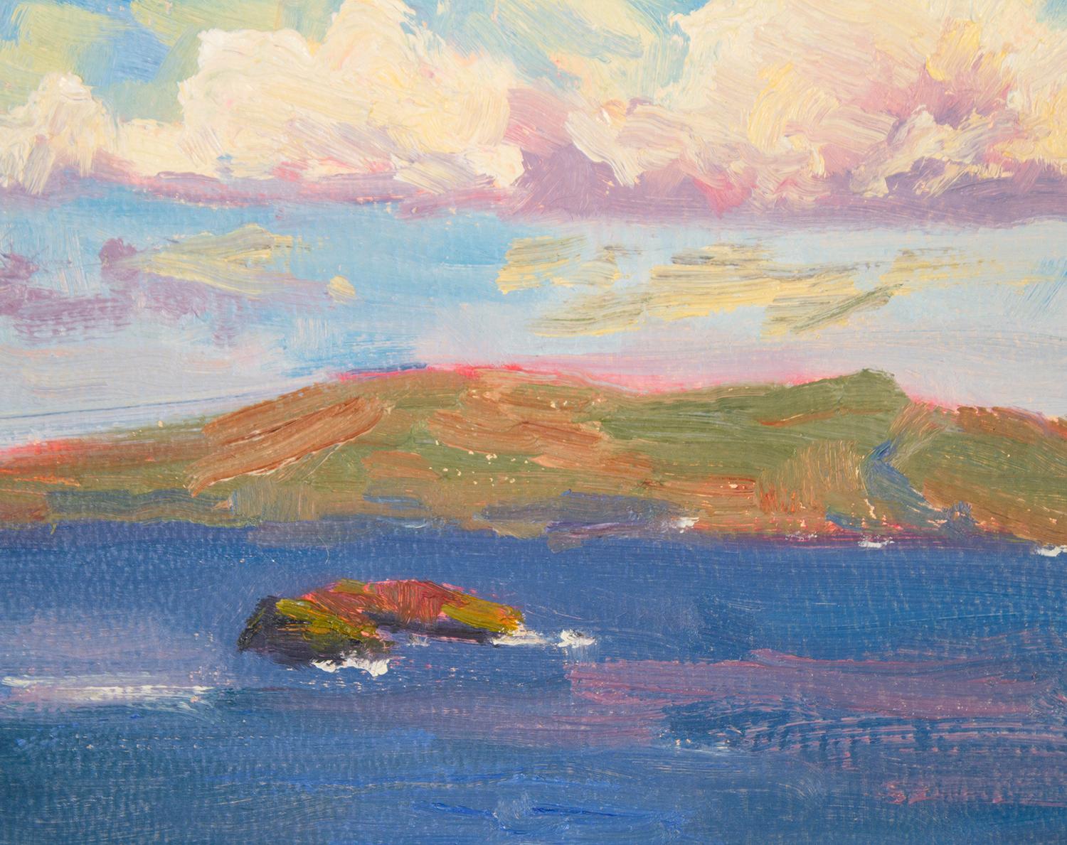 Ciel de Molokini, peinture à l'huile - Gris Landscape Painting par Karen E Lewis