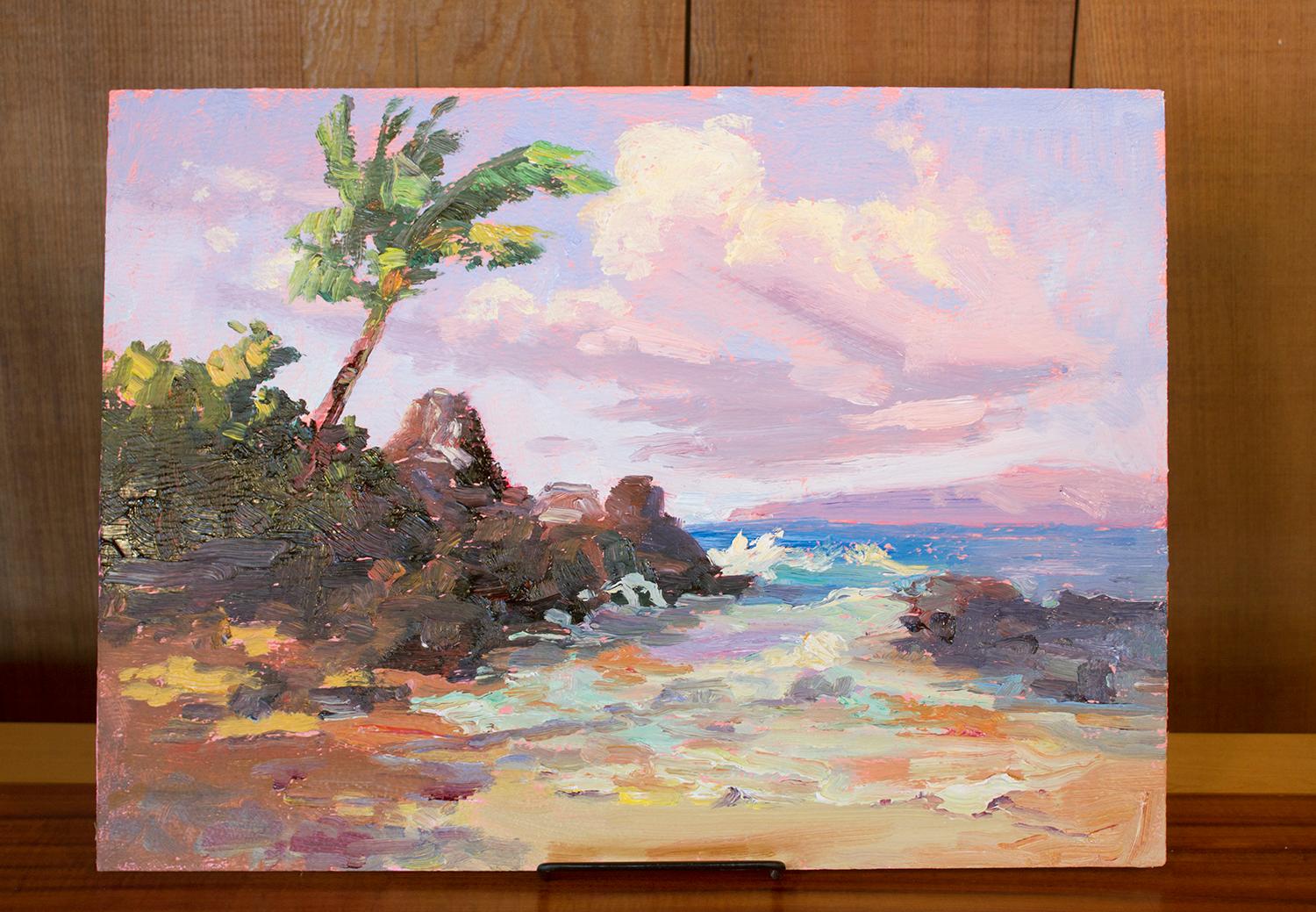 <p>Commentaires de l'artiste<br>Une petite plage de Maui offre juste assez d'espace pour que quelques peintres ou plagistes s'y installent. La brise balaie doucement l'arbre et pousse les vagues entre les rochers. Les ombres reculent lentement