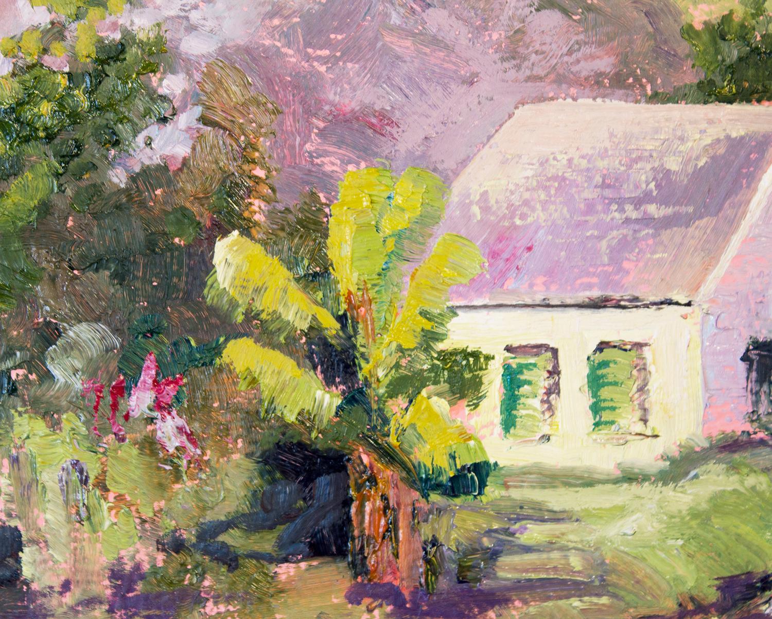 Cottage de la vallée de Iao, peinture à l'huile - Gris Landscape Painting par Karen E Lewis