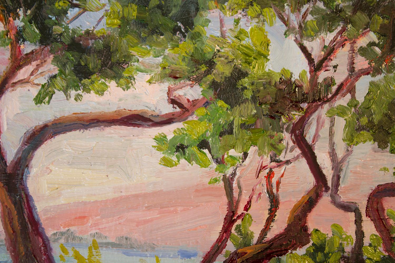Windows de plage : Windbent, peinture à l'huile - Marron Landscape Painting par Karen E Lewis