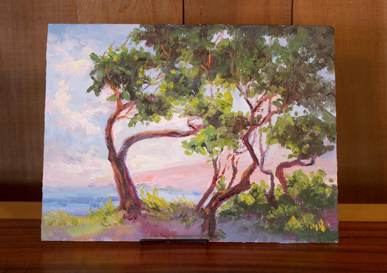 Windows de plage : Windbent, peinture à l'huile - Impressionnisme Painting par Karen E Lewis
