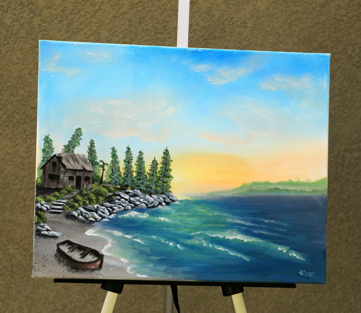 <p>Artist Comments<br>A solitary, weathered cabin stands on the shore, its peeling paint catching the light of a pastel sunset. Neglect whispers from its broken windows. The scene is a silent testament to time's passage by the tranquil yet