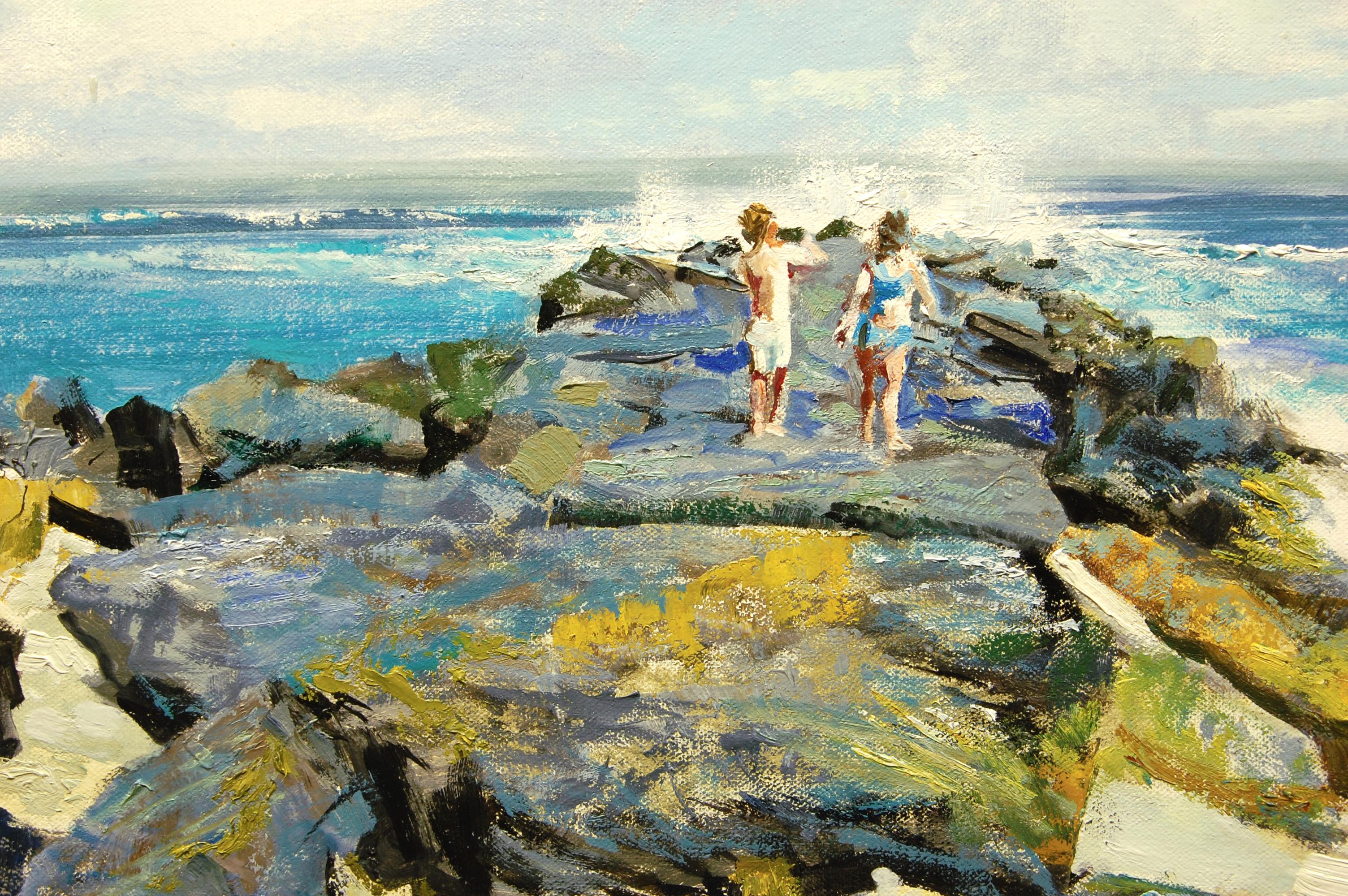 Children on a Jetty, peinture à l'huile - Marron Landscape Painting par Onelio Marrero
