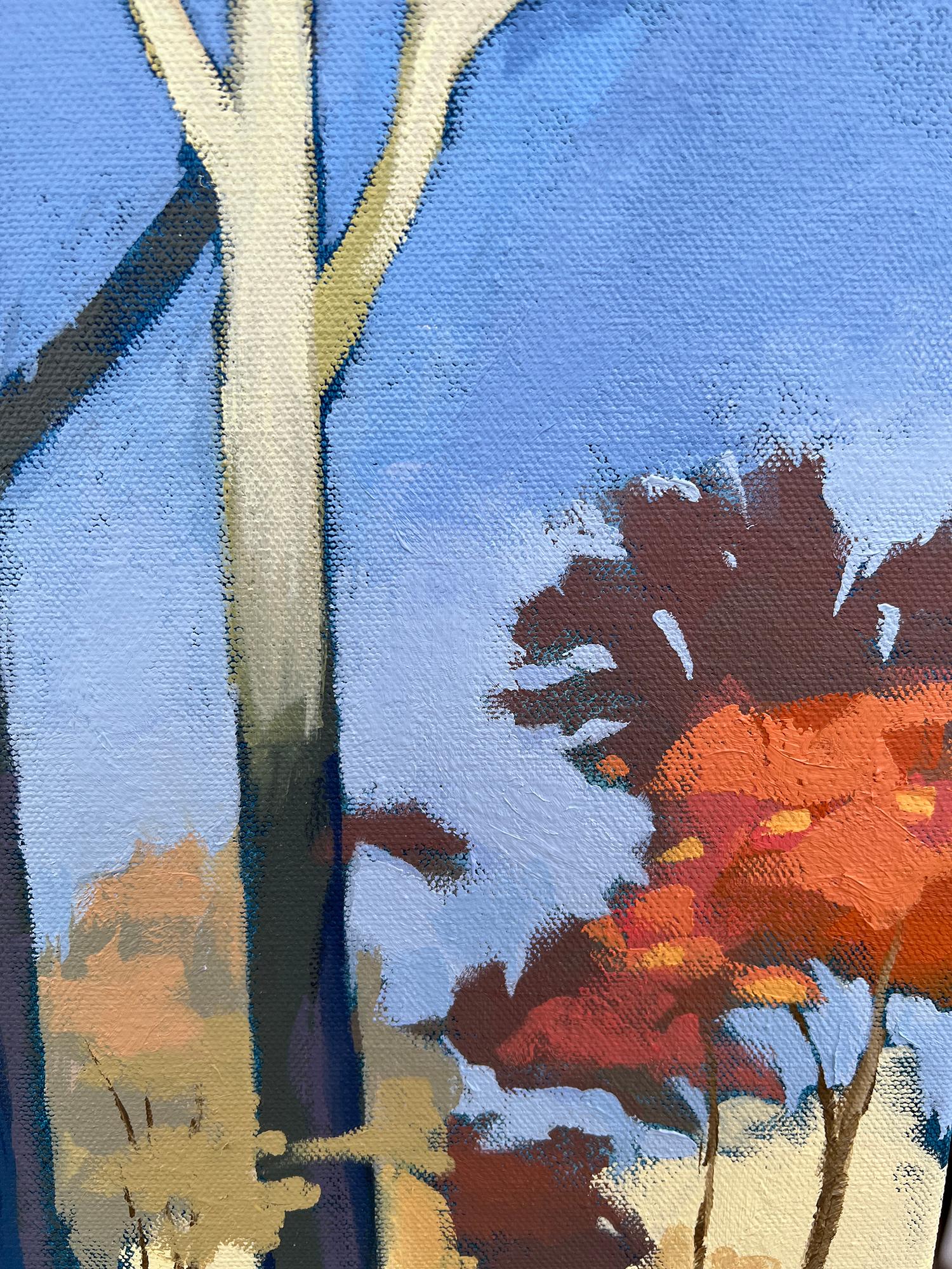 Dans le parc, peinture à l'huile - Bleu Landscape Painting par Brian McCarty