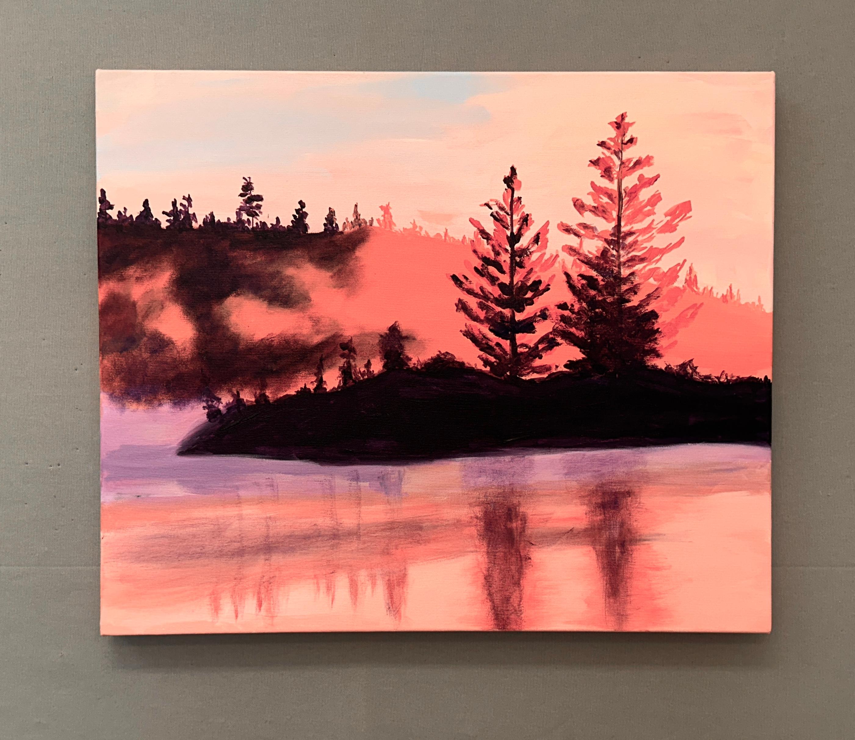 <p>Artist Comments<br>A morning fog blankets the lake, bathed in the soft red-pink glow of the first dawn. Light floods the sky, casting the shadowed trees in silhouette. Reflections of the hillside ripple across the calm water. The scene exudes a