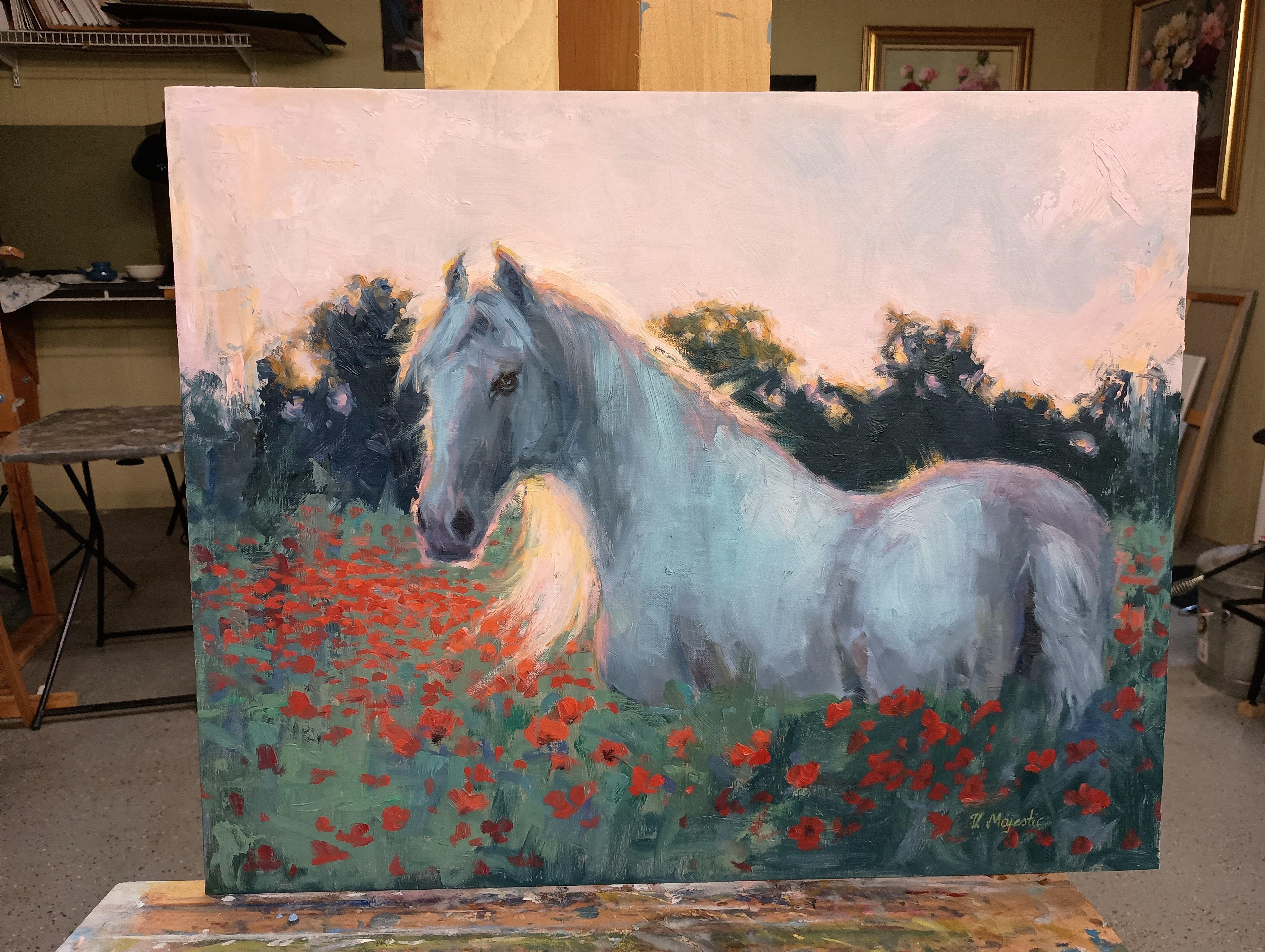 <p>Artist Comments<br>A majestic white horse stands gracefully in a vibrant field of red poppies, the light of the setting sun filtering through its mane. Slihouetted trees rise in the background, creating a peaceful backdrop against the soft pink