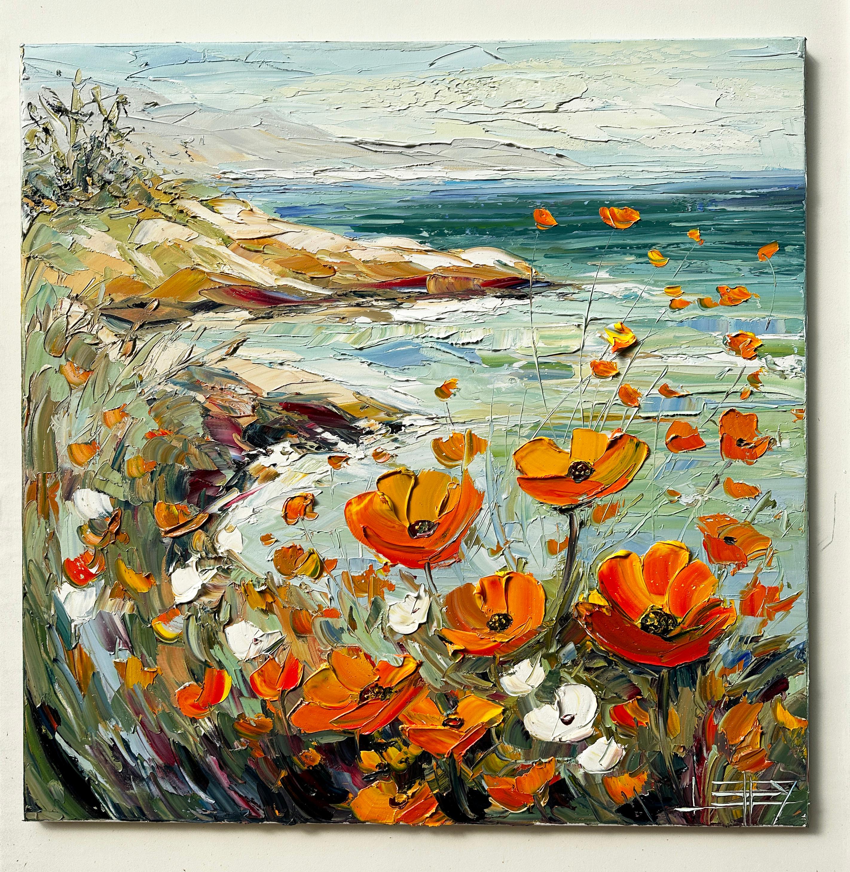 <p>Artist Comments<br>Bright poppies and daisies bloom across the California coast. Waves crash against the rugged coastline, capturing the raw energy of the ocean. Using bold palette knife strokes, artist Lisa Elley brings movement, depth, and