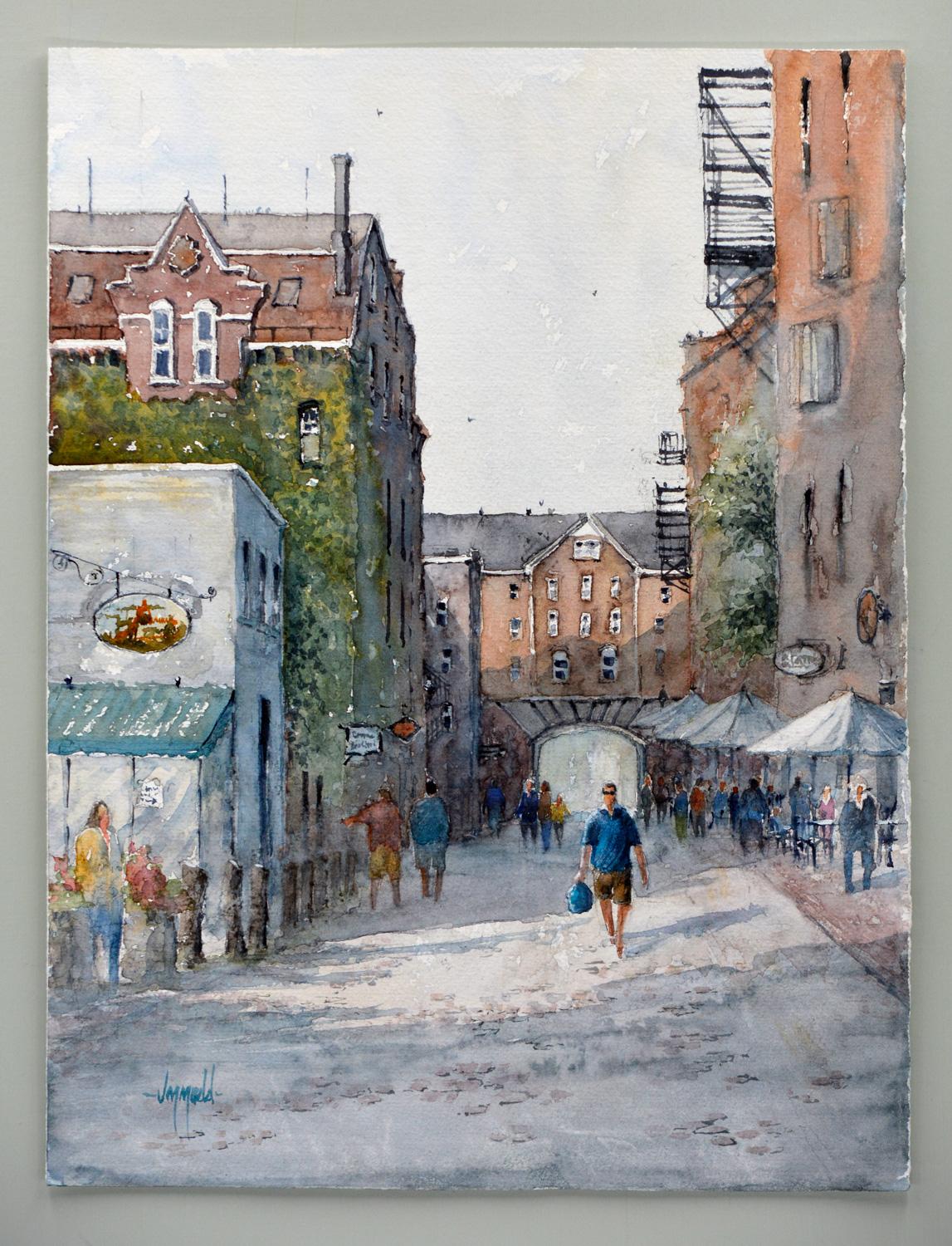 <p>Artist Comments<br>A bustling street brims with life as people stroll past rows of brick buildings adorned with elegant architectural details. The painting captures the essence of a place where history and daily life intertwine. It offers a