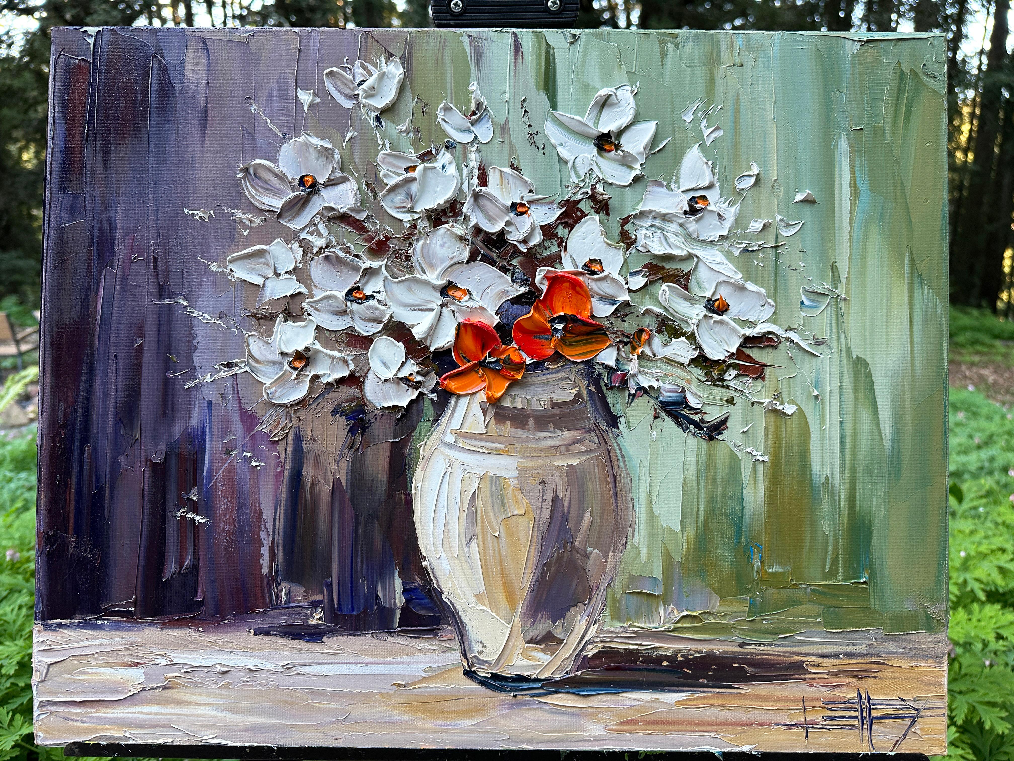 <p>Artist Comments<br>Ivory flowers rise softly from a moody backdrop, while a burst of vibrant orange commands attention. This piece balances boldness and grace, proving that even in quiet moments, there is room for a little drama. This piece plays