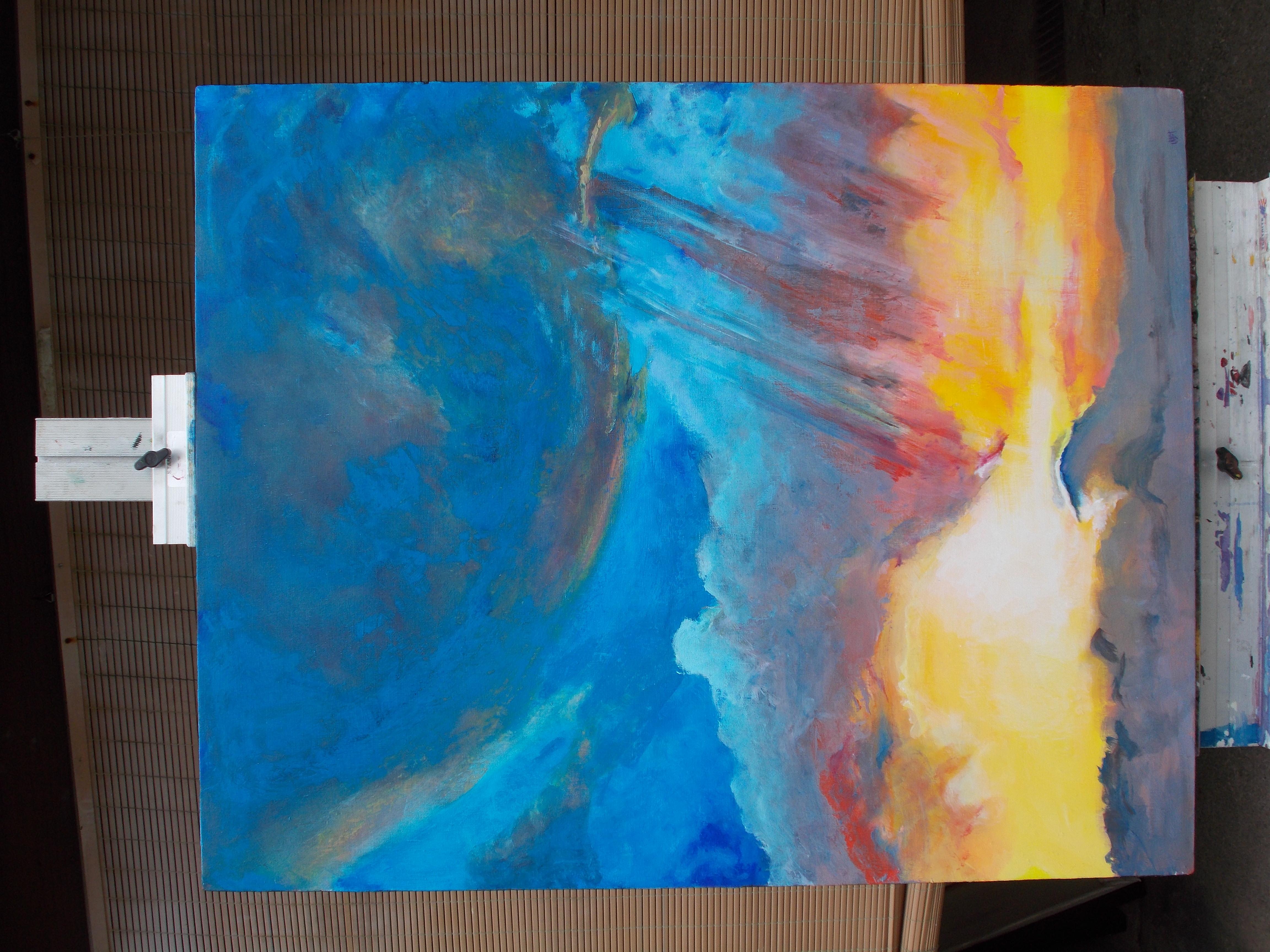<p>Artist Comments<br>The sun shines bright, filling the sky with fiery colors. Constant TV news rumbles in the background, pushing its chaos into the present. Matters of the planet, society, politics, and money all seem tangled in chaos. Artist