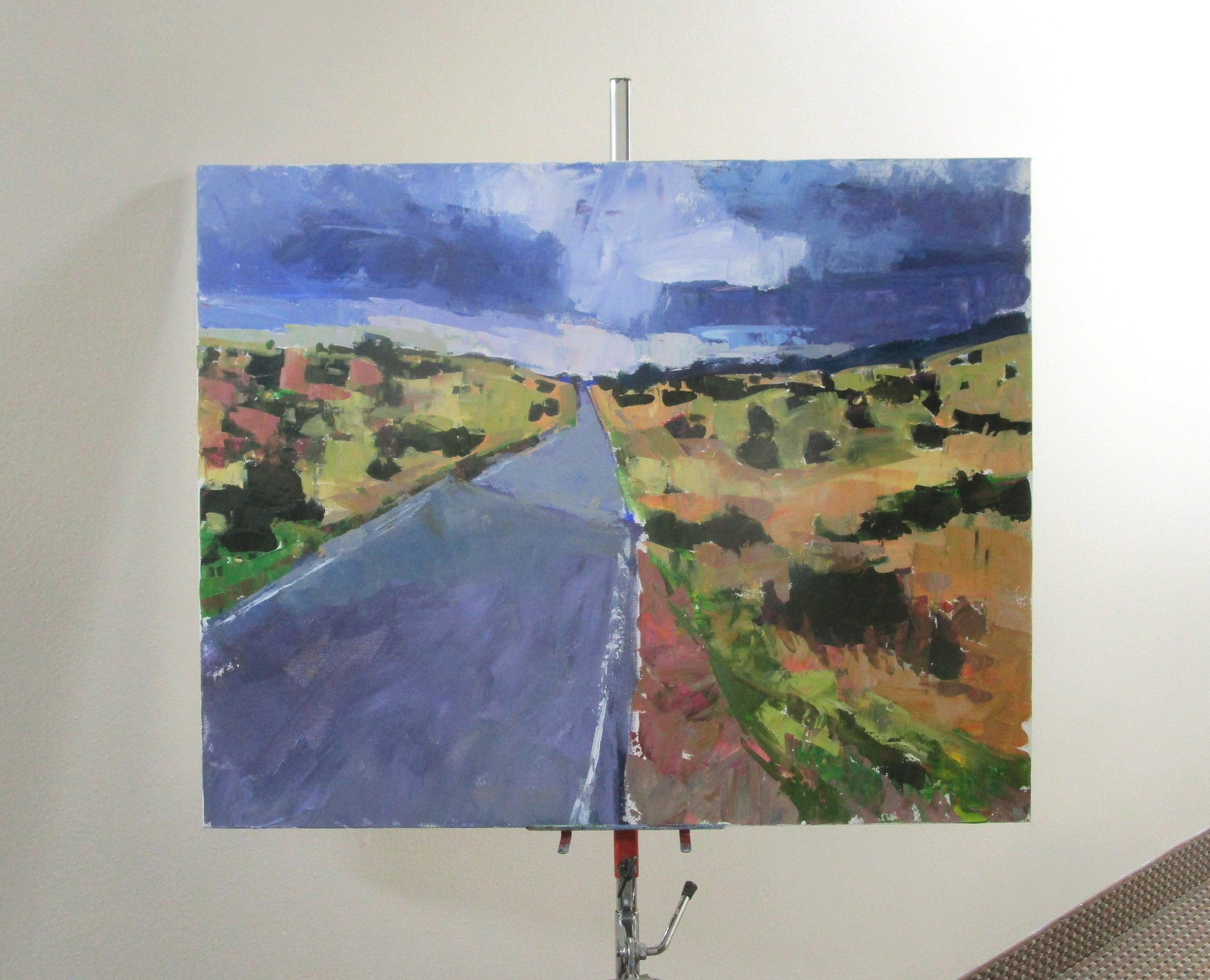 <p>Commenti dell'artista<br>Una strada si allunga verso l'orizzonte, fiancheggiata da ampi campi aperti sotto un cielo ampio. Nuvole blu intenso si addensano in lontananza, accennando a una pioggia rinfrescante sul paesaggio occidentale. I tratti