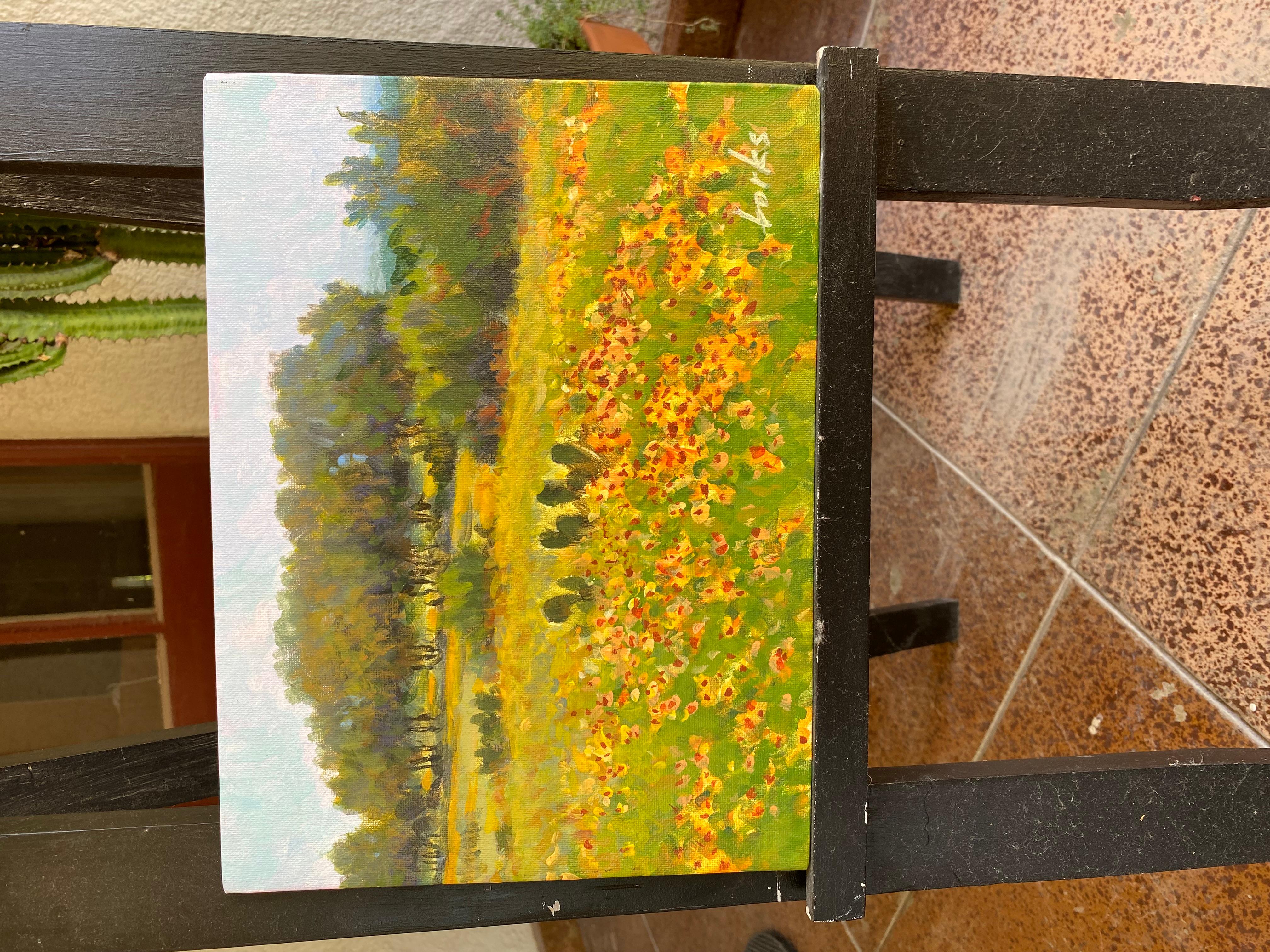 <p>Artist Comments<br>Spring blooms brightly on the Edwards Plateau, northwest of San Antonio in the Texas Hill Country. A meadow bursts with yellow, red, and orange flowers, while oak trees and scrub brush dot the landscape. Distant hills rise