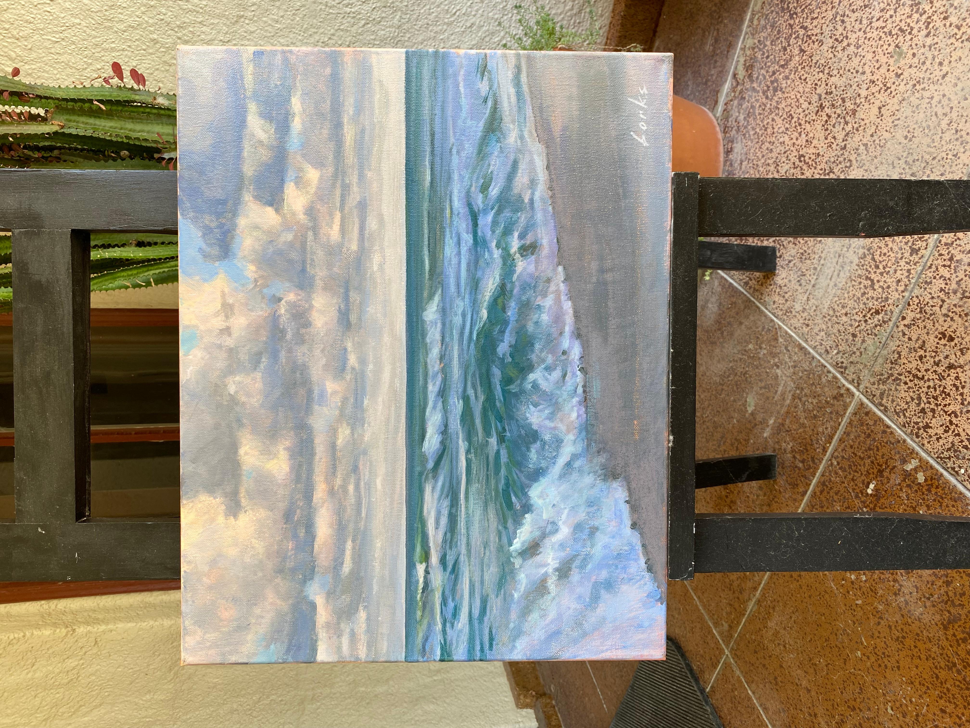 <p>Artist Comments<br>Gentle waves roll onto a sandy shore beneath a cloud-filled sky. Soft, impressionistic brushstrokes blend cool blues, greens, and grays, creating a serene, atmospheric scene. The artwork captures the quiet beauty of a tranquil