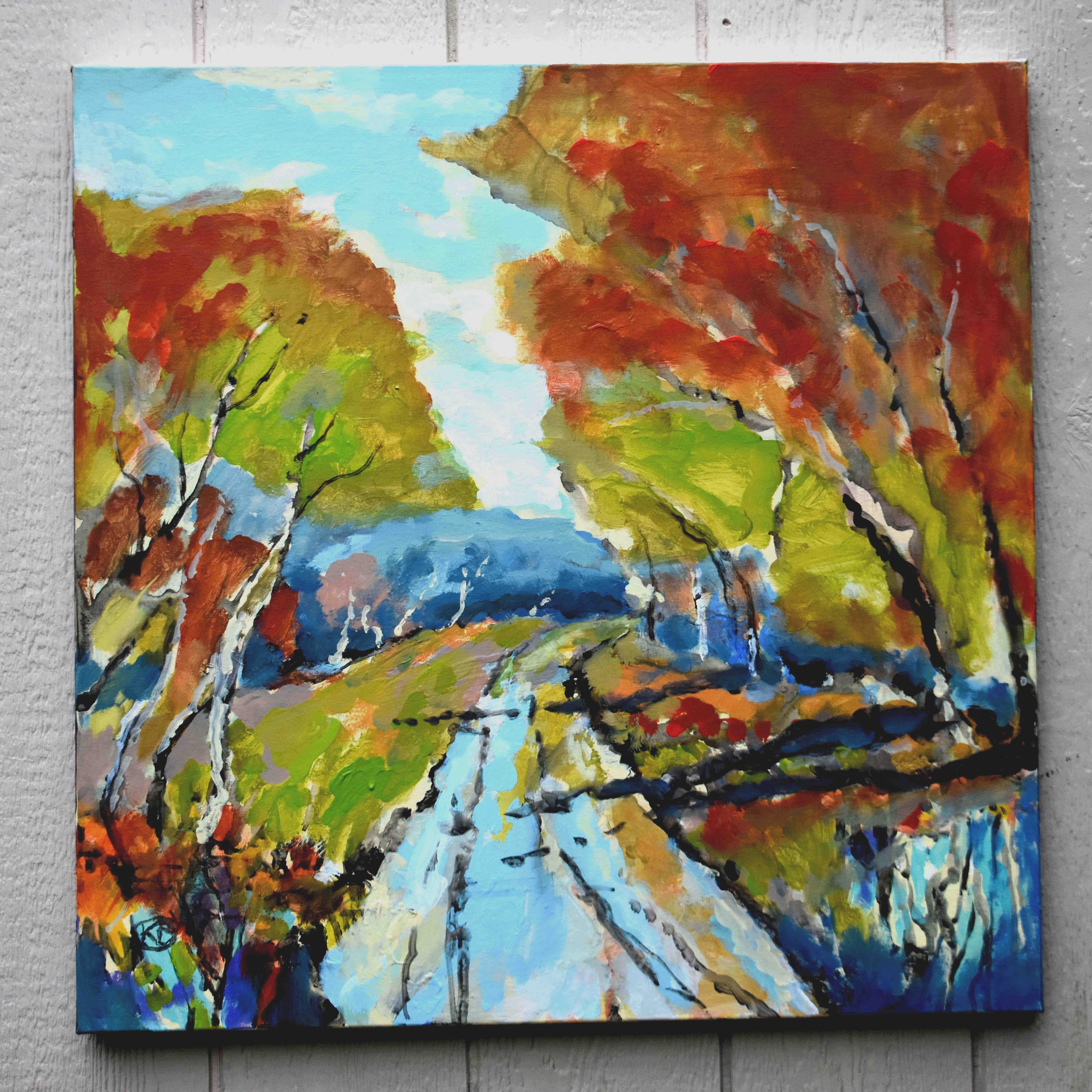 <p>Artist Comments<br>A winding country road stretches into the distance, surrounded by vibrant autumn trees. The path narrows and fades into the horizon, drawing the eye deeper into the serene landscape. Soft, textured brushstrokes bring the scene