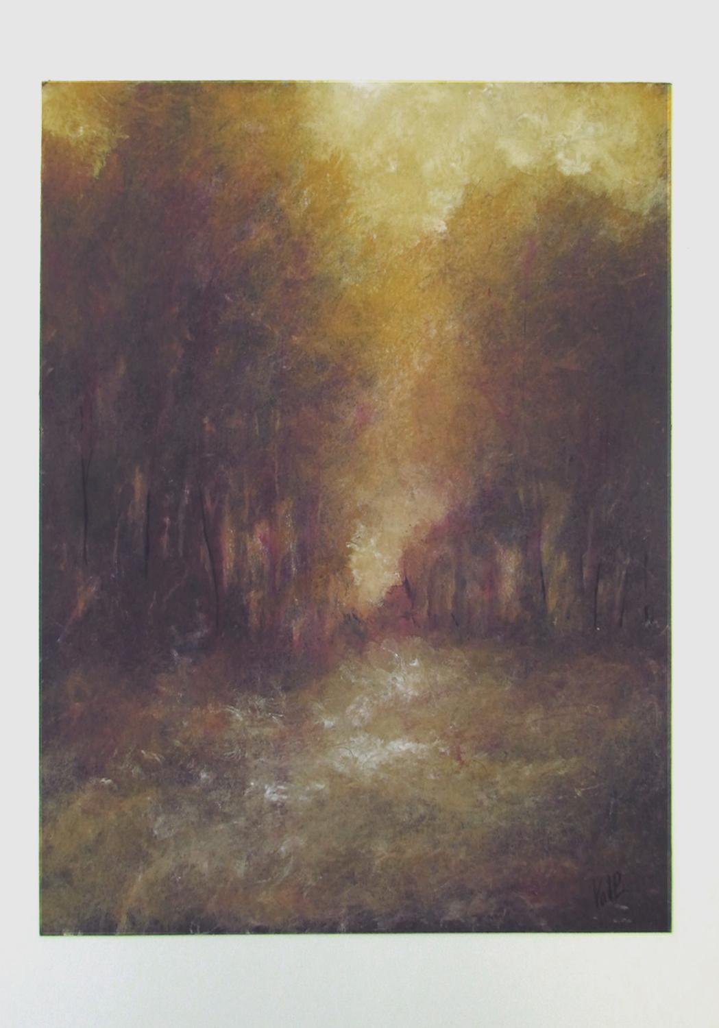 <p>Commentaires de l'artiste<br>Une lumière dorée baigne une scène boisée sereine. Les teintes douces et feutrées s'harmonisent parfaitement, tandis que les textures subtiles laissent entrevoir la profondeur des arbres. La palette de tons et les