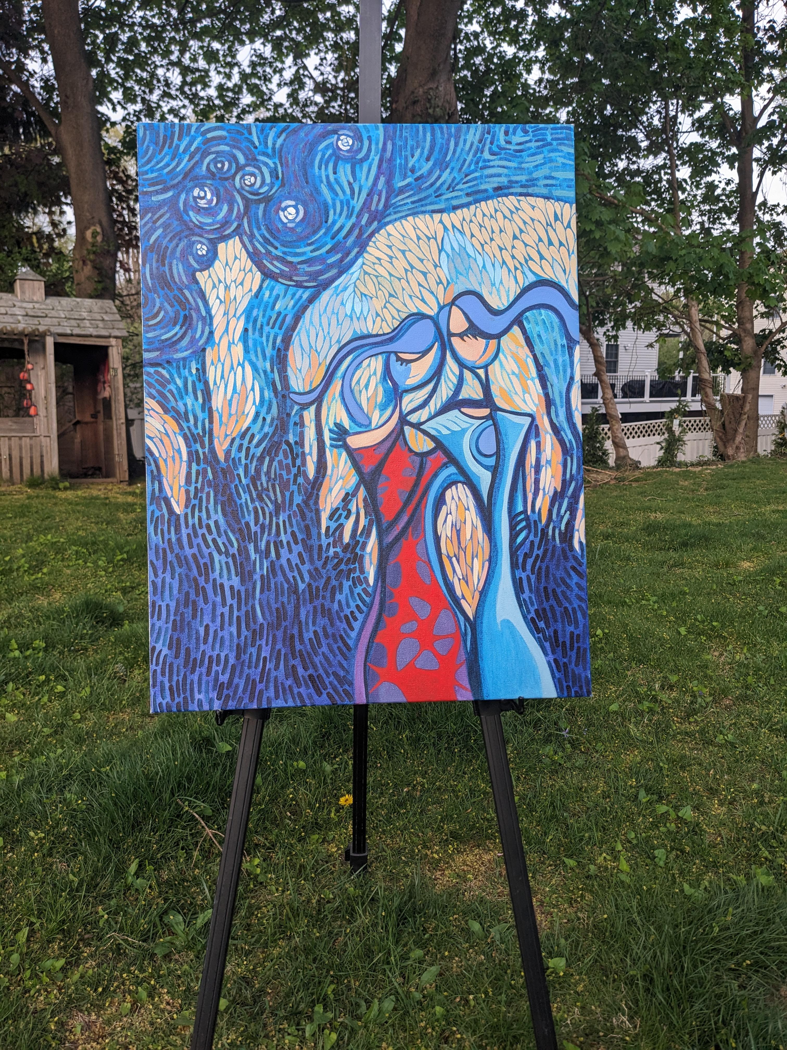 <p>Artist Comments<br>Two figures stand close in an abstract forest, their forms blending with the trees. Directional brushstrokes capture the gentle sound of wind rustling through the leaves. The artwork highlights the connection between nature,