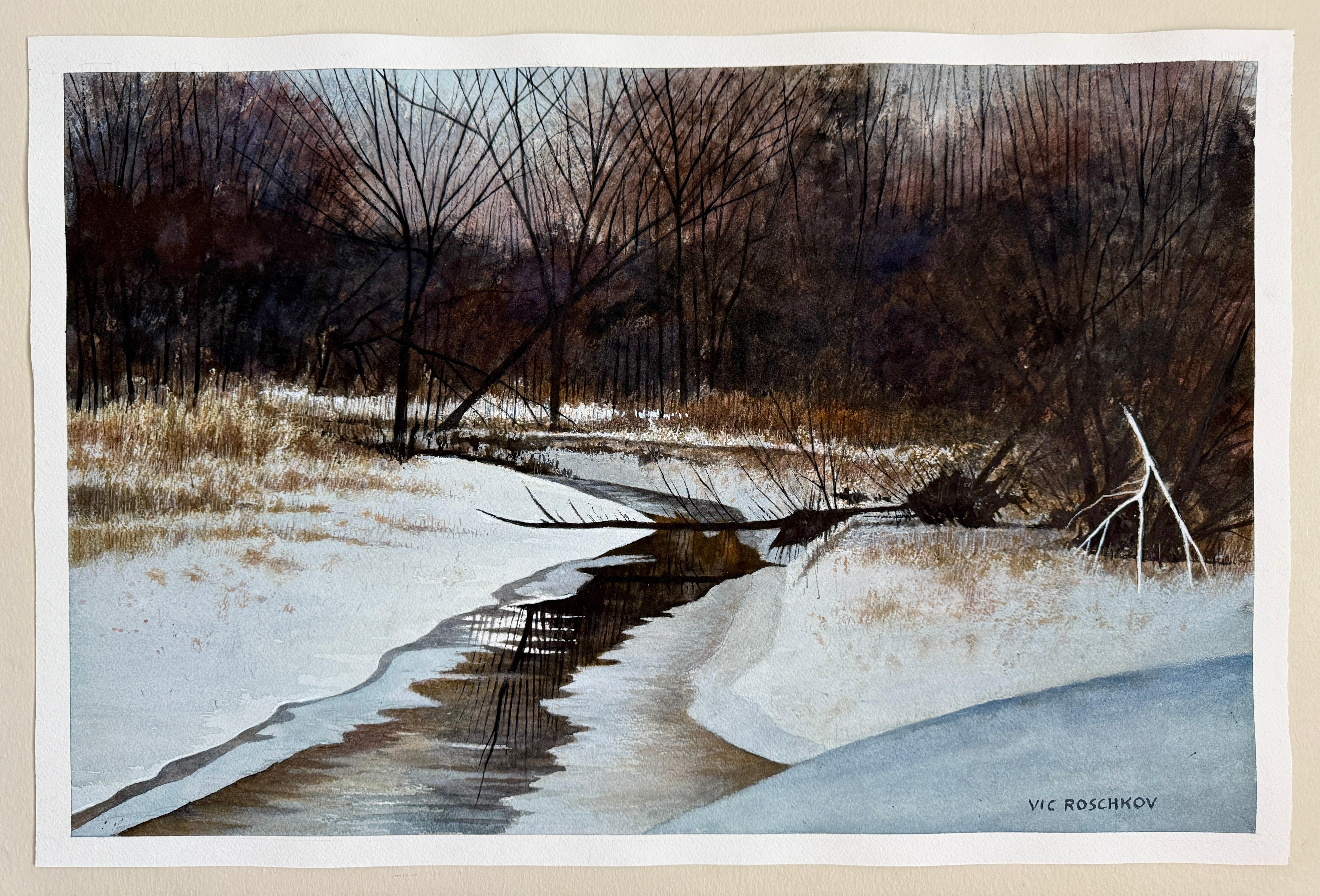 <p>Kommentare des Künstlers<br>Ein schmaler, halb gefrorener Bach schlängelt sich durch ein schneebedecktes Feld und reflektiert das weiche Licht eines blassen Winterhimmels. Kahle Bäume rahmen die Szene ein und führen den Blick in einen schattigen