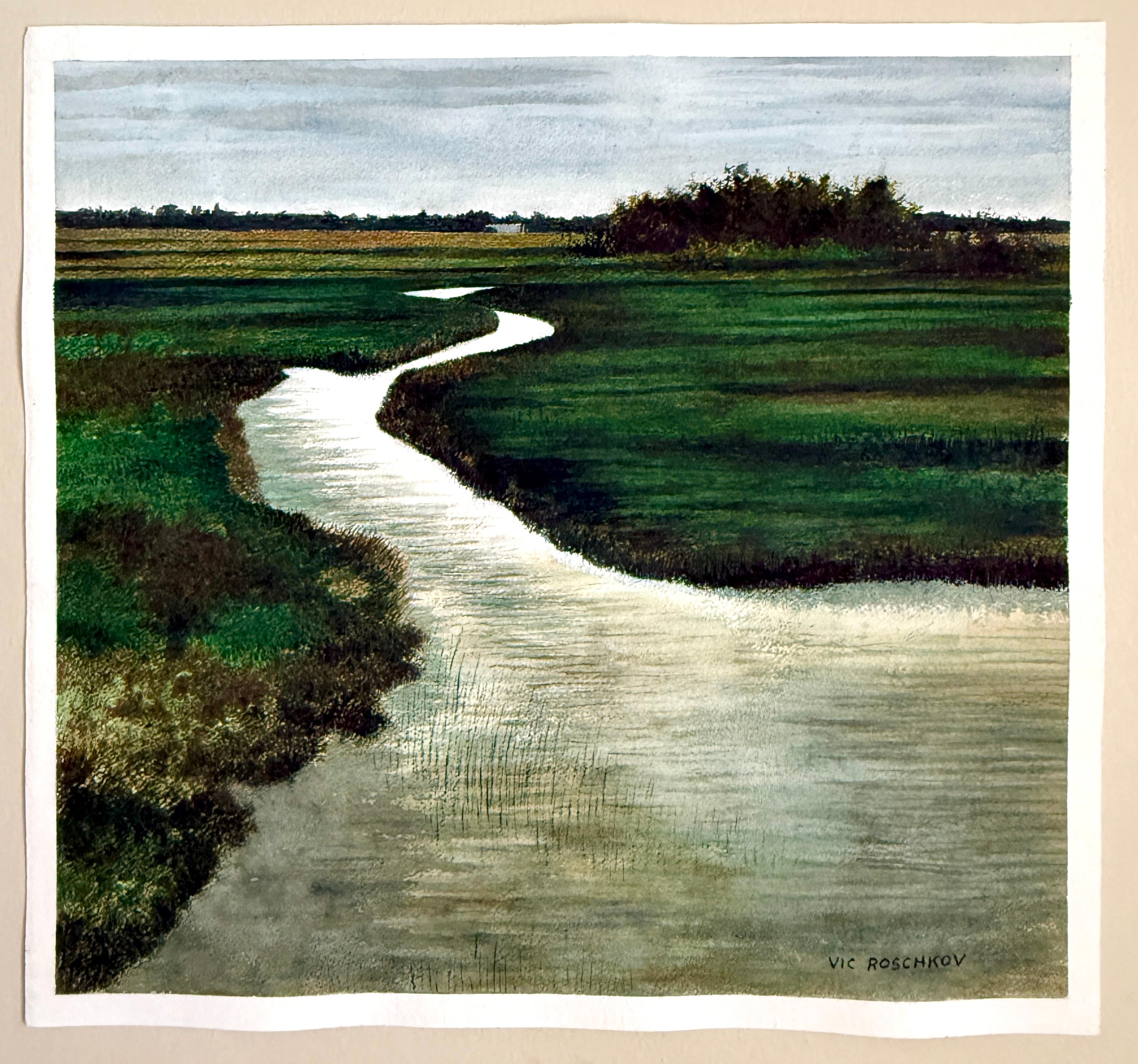 <p>Comentarios del artista<br>En esta obra, el artista Vic Roschkov capta un apacible paisaje natural. He destaca la desembocadura de un río y un arroyo serpenteante que fluye a través de una marisma verde y abierta. Las suaves curvas conducen la