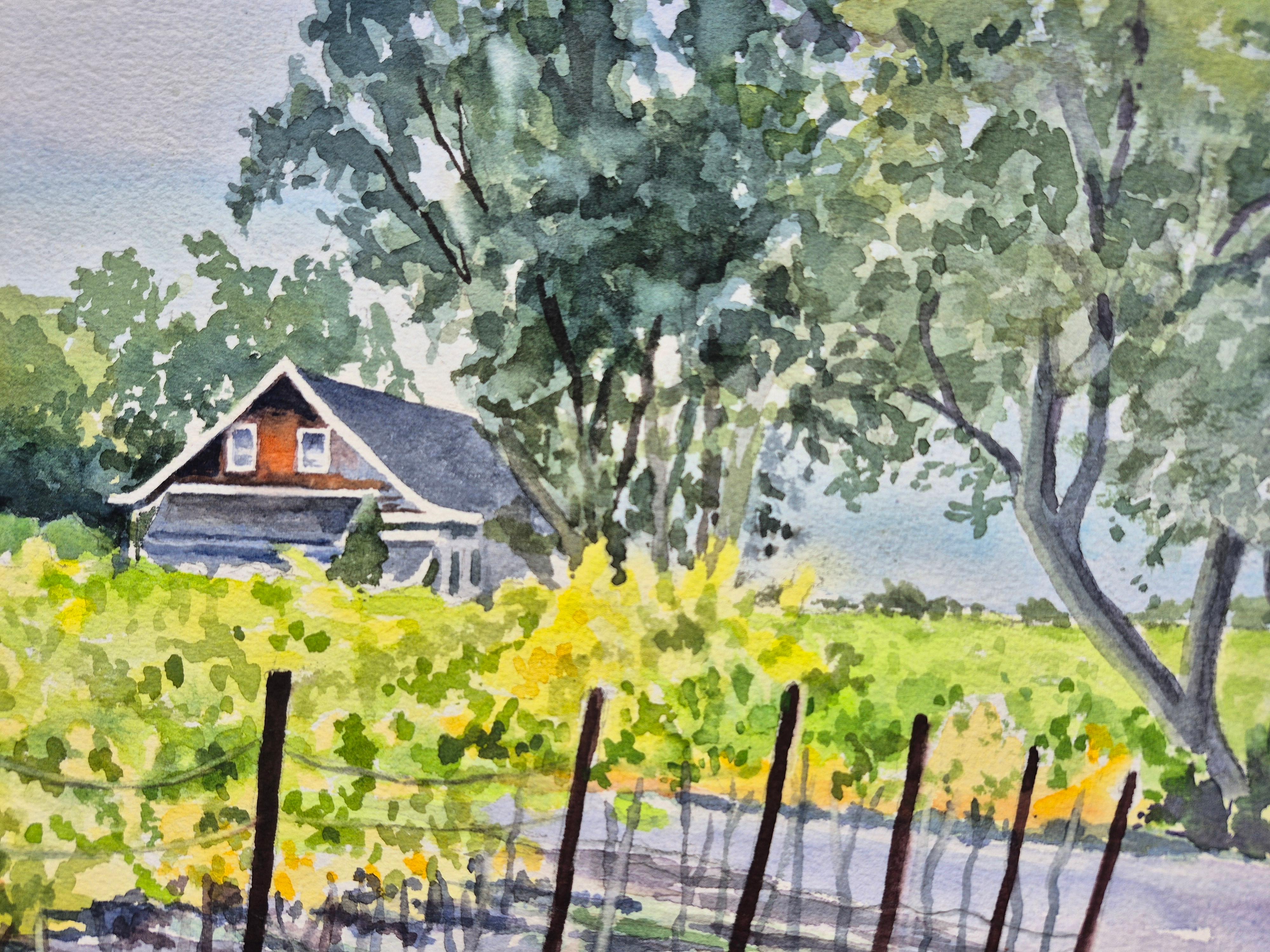 Vignoble de l'automne doré, peinture originale - Gris Landscape Art par Catherine McCargar
