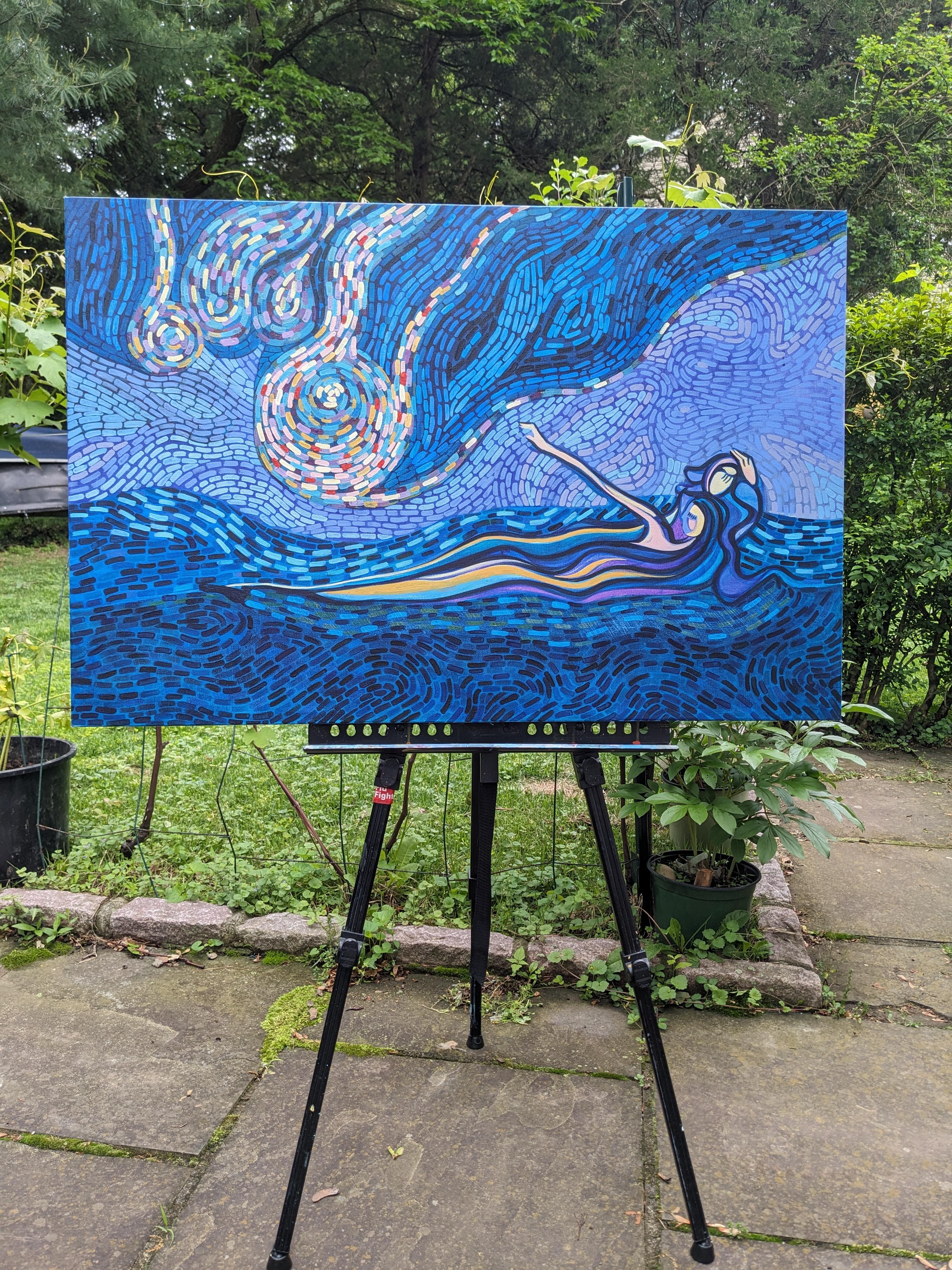 <p>Comentarios del artista<br>Dos figuras descansan en un campo bajo un cielo expresivo. Los motivos direccionales crean una sensación de movimiento, mientras que los azules y naranjas crean un contraste dinámico. La artista Diana Elena Chelaru