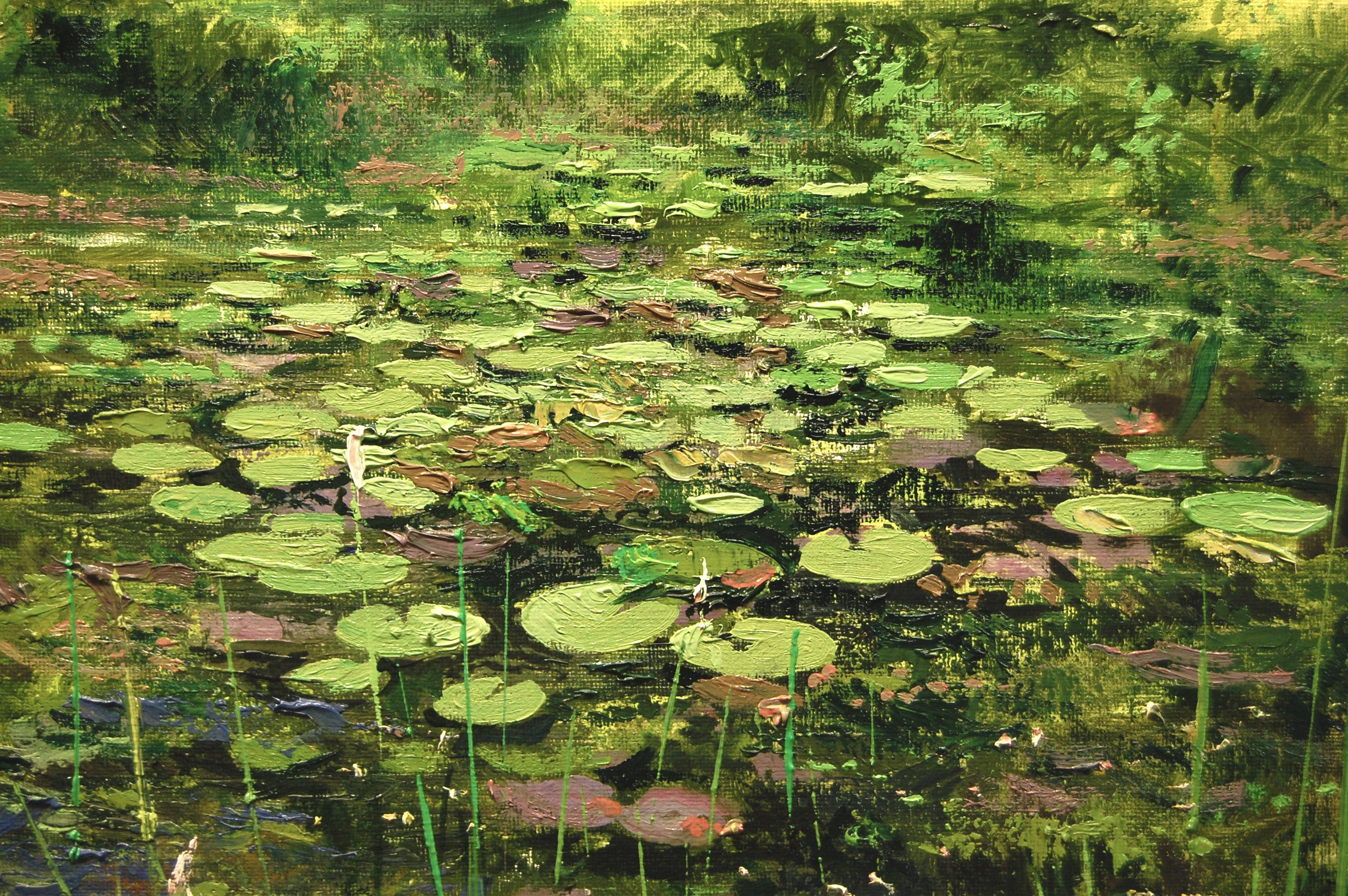 Journée lumineuse à l'étang, peinture à l'huile - Marron Landscape Painting par Onelio Marrero