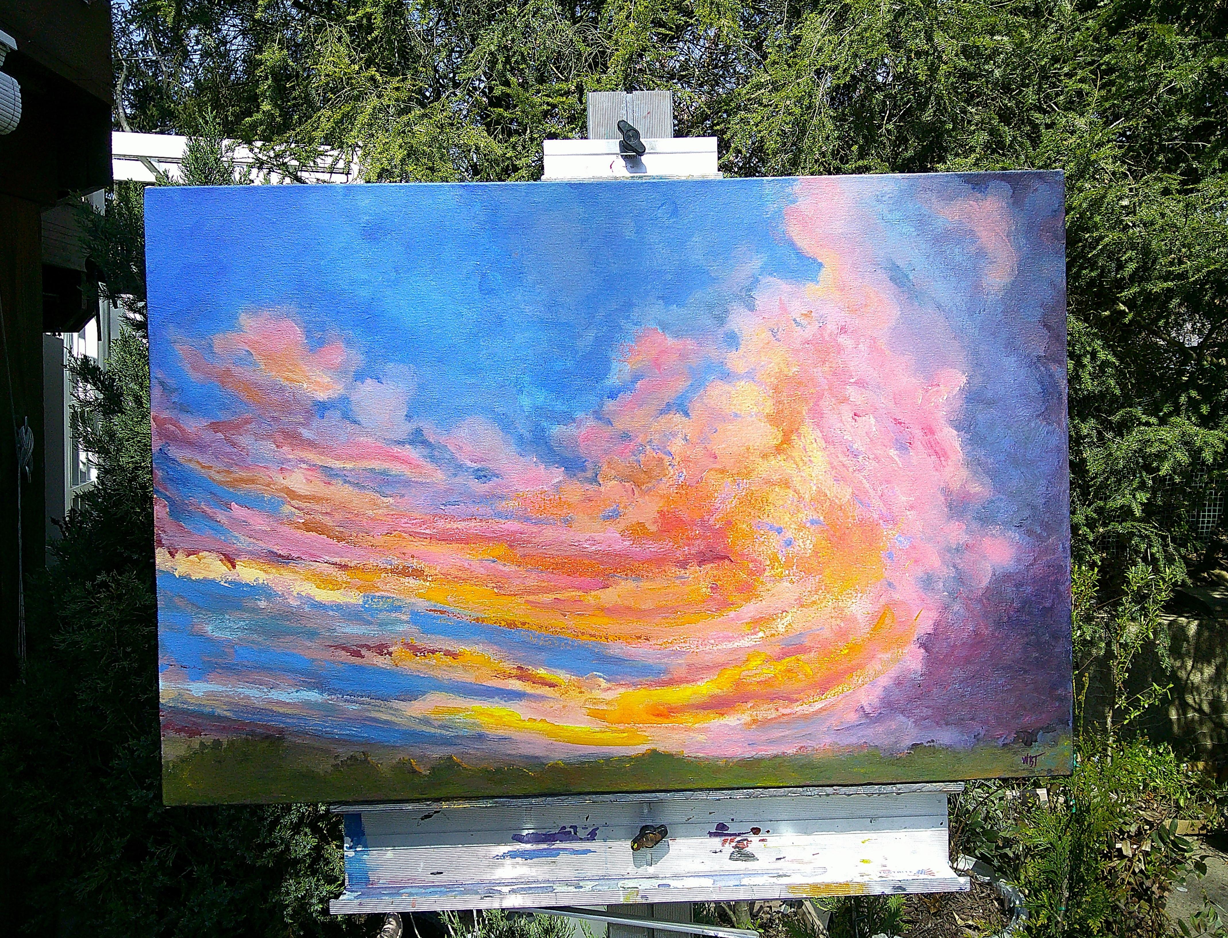 <p>Artist Comments<br>The colors of the sky shifted quickly during an evening walk, prompting artist Benjamin Thomas to capture its marmalade appeal. Bright orange and pastel pink clouds swirl above a tree line. Benjamin set out to capture the