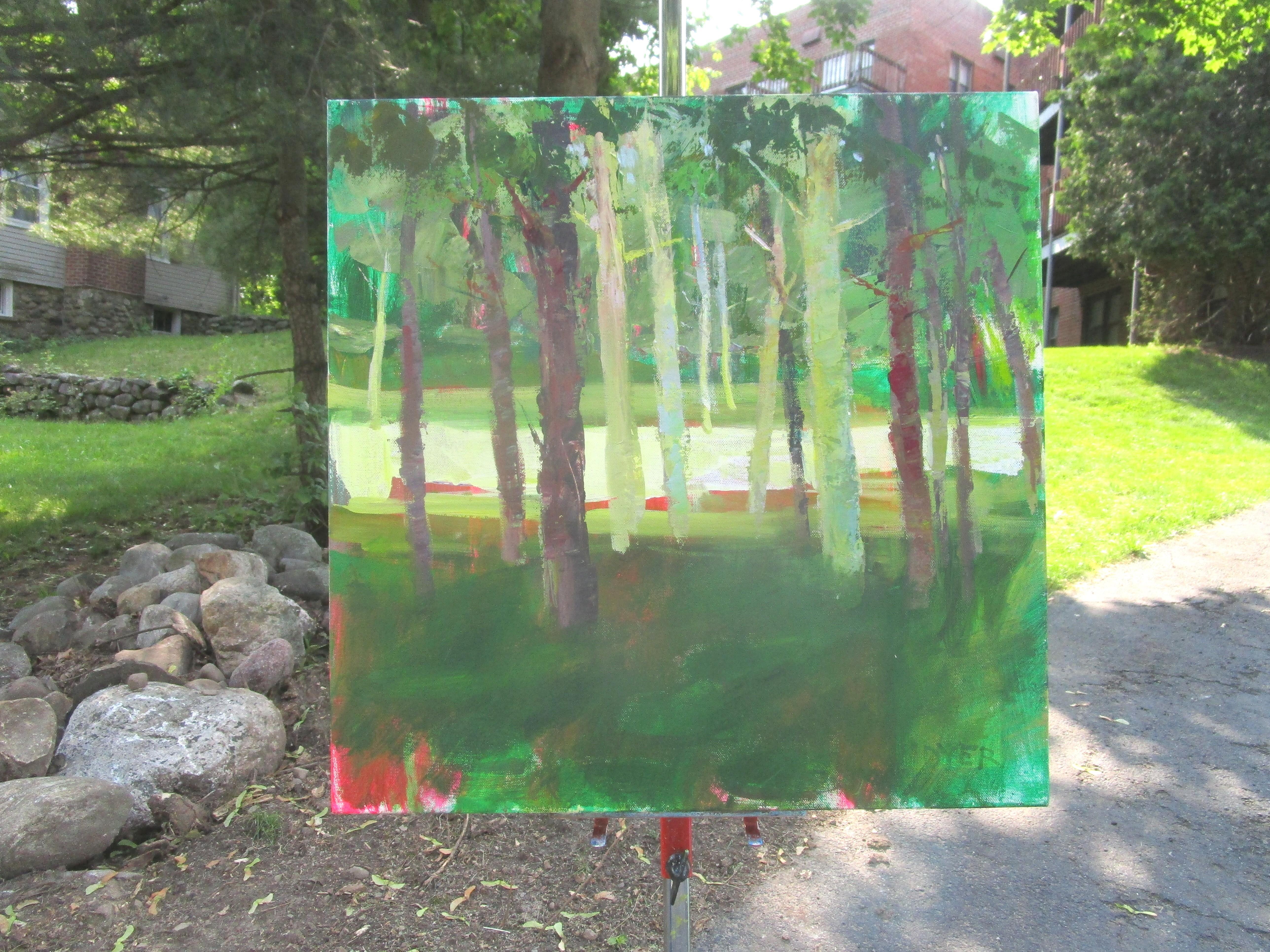 <p>Artist Comments<br>The sun filters through a grove of trees, casting cool shadows on the ground. Brown, green, and pale green trunks provide varying visual points, creating quiet harmony. In the distance, soft shapes hint at a vast, peaceful