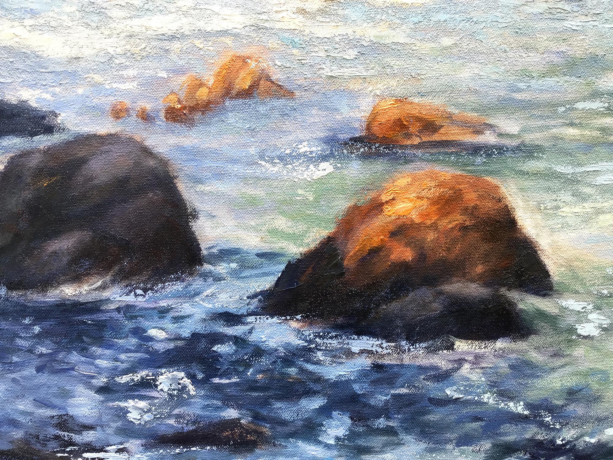 Meeresklippen, Warmes Licht, Ölgemälde (Grau), Landscape Painting, von Elizabeth Garat