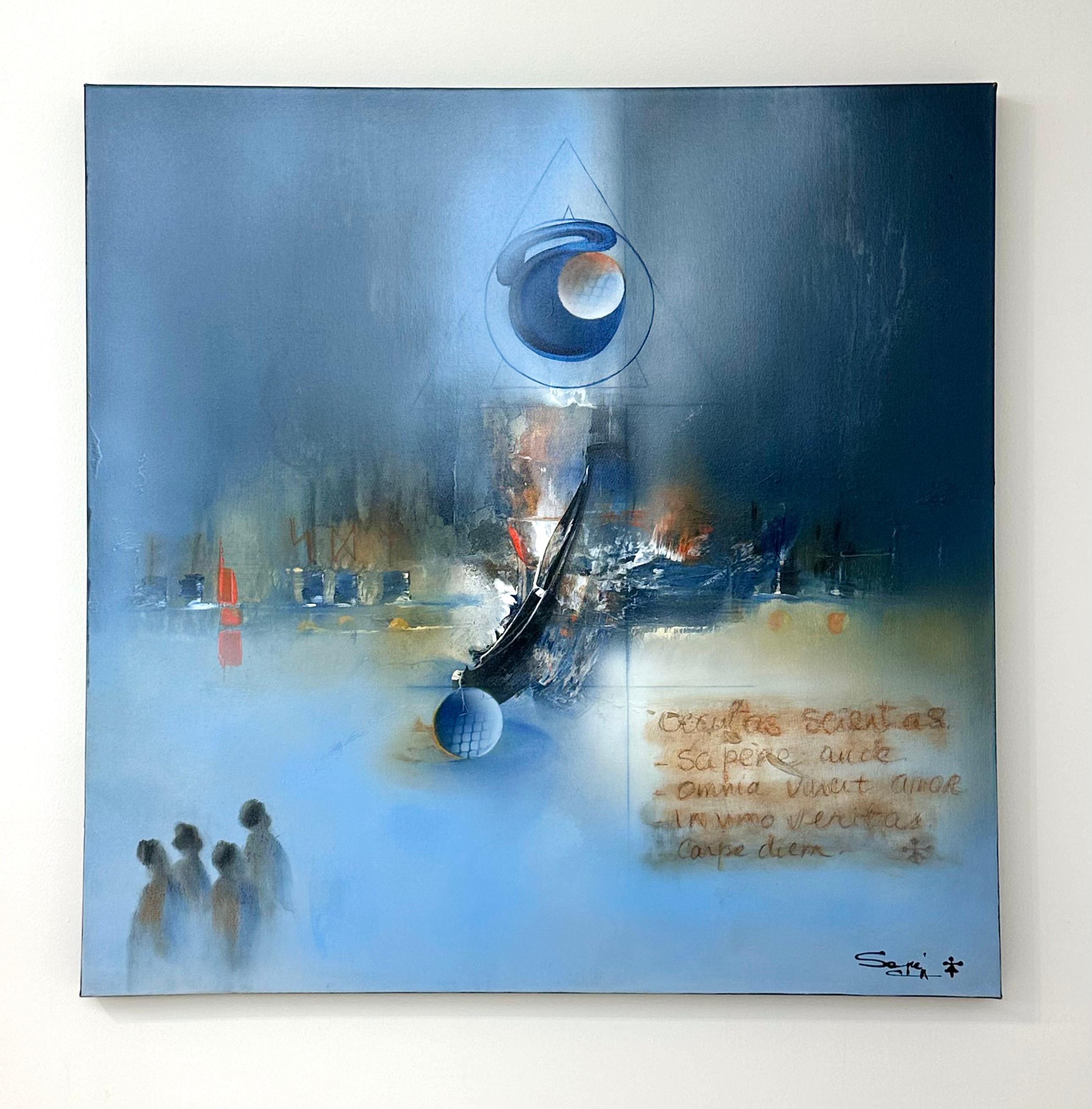 <p>Artist Comments<br>Four figures gaze upward at a glowing orb enclosed within geometric shapes. The composition draws inspiration from the messages and symbolism found in occult sciences. Artist Yamilet Sempe includes Latin phrases that evoke the