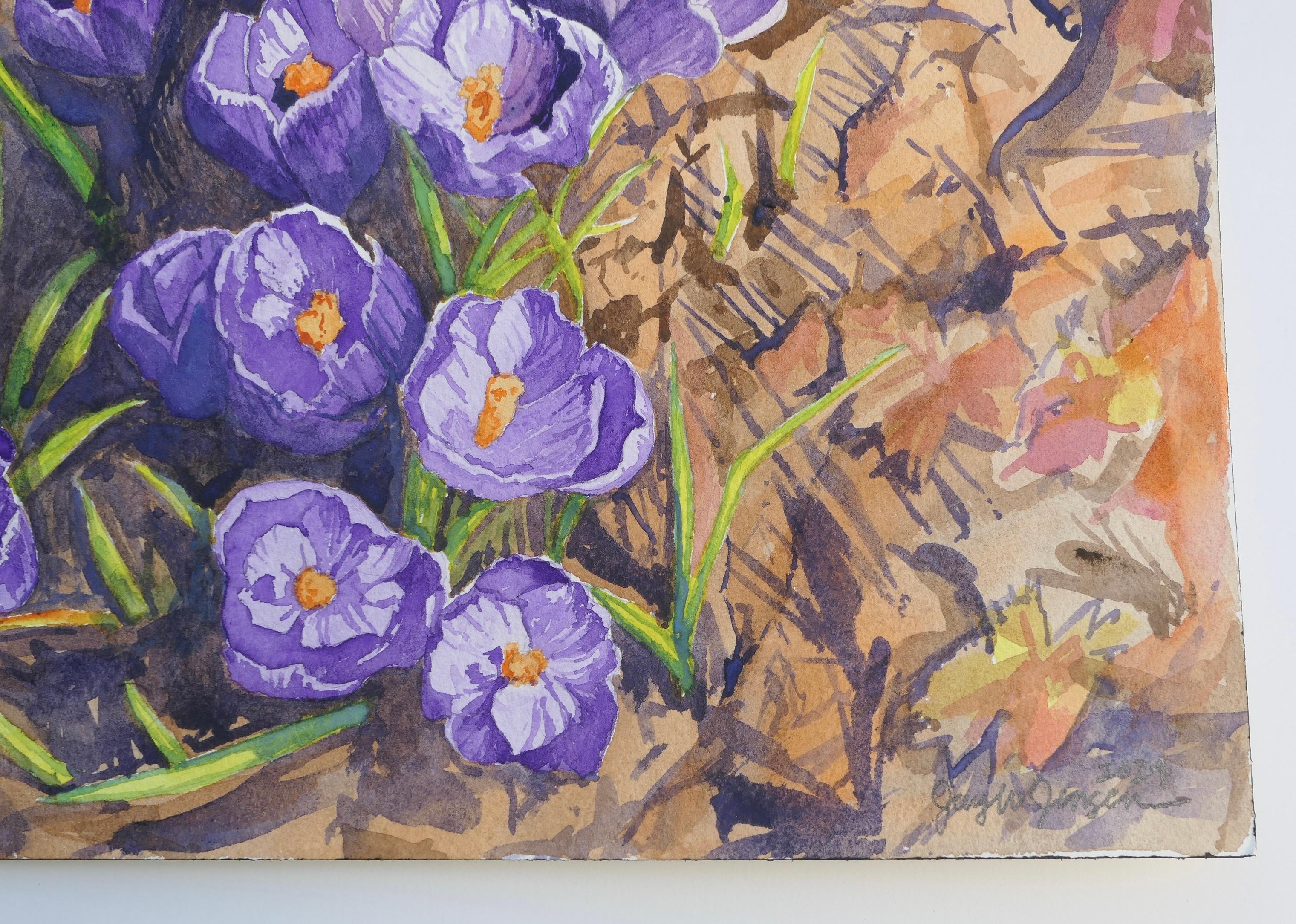 Mit dem Krokus kommt der Frühling, Originalgemälde – Painting von Jay Jensen