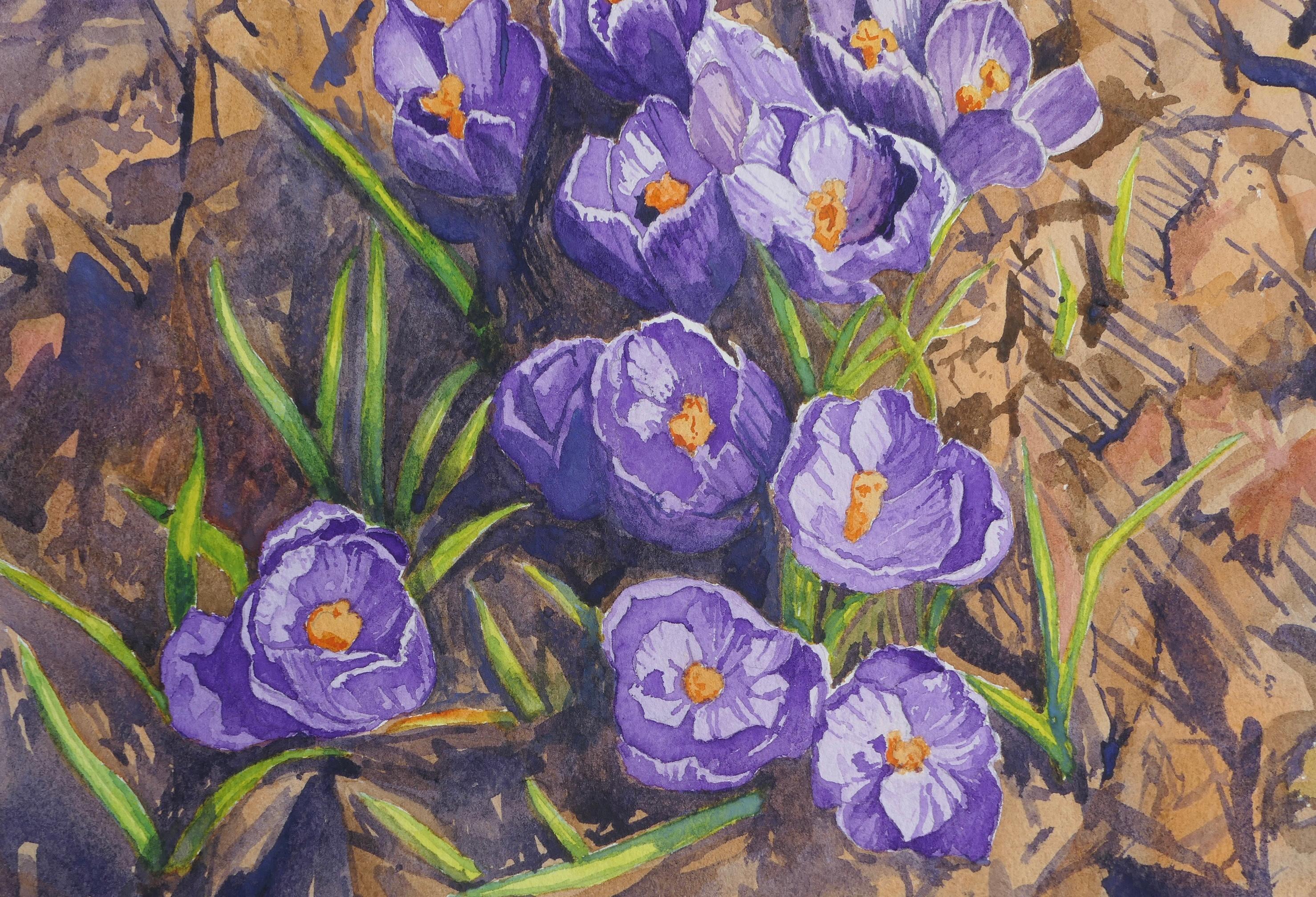 Mit dem Krokus kommt der Frühling, Originalgemälde (Grau), Still-Life Painting, von Jay Jensen