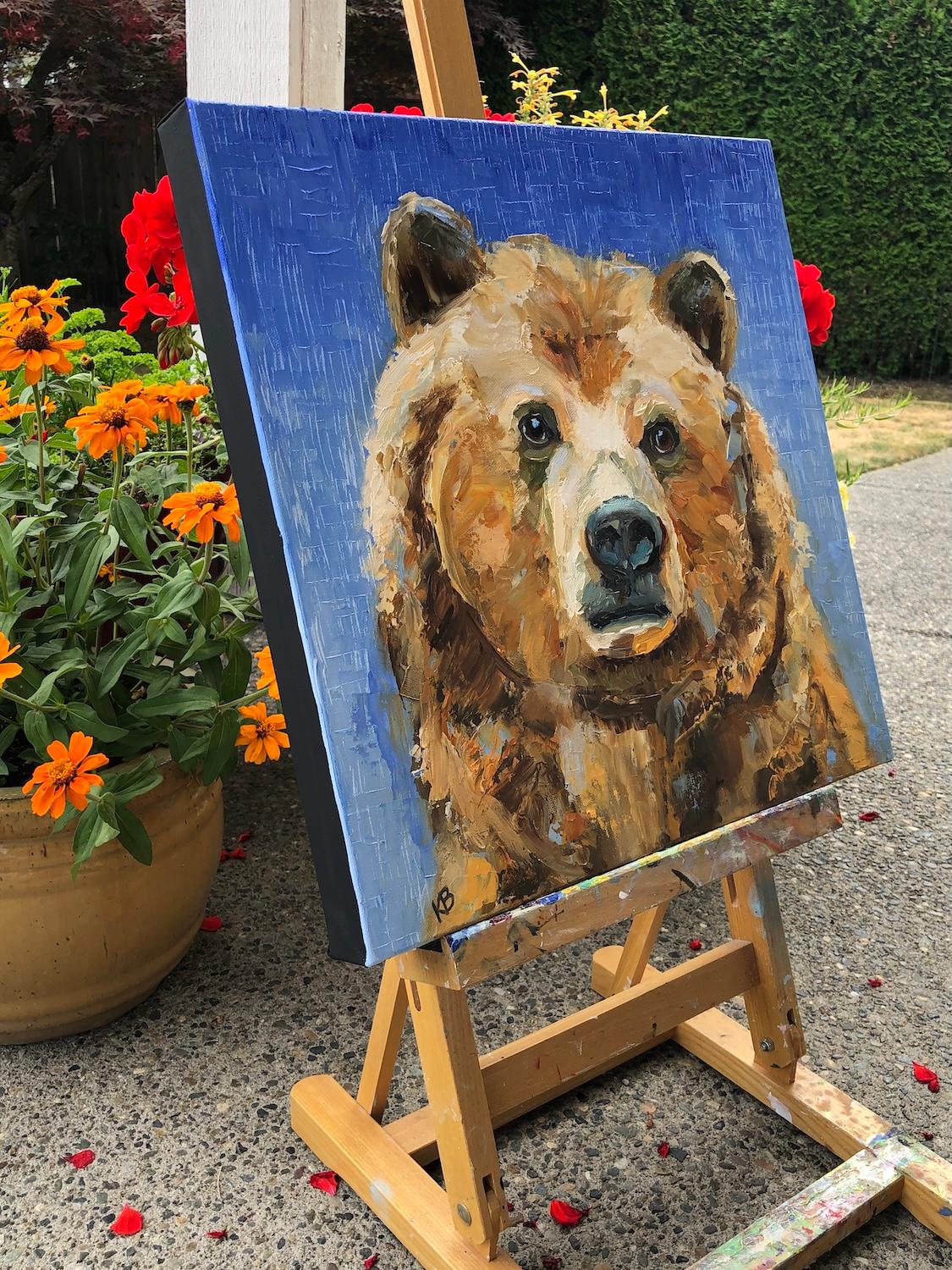 Big Bear, Oil Painting - Gray Animal Painting by Karen Barton