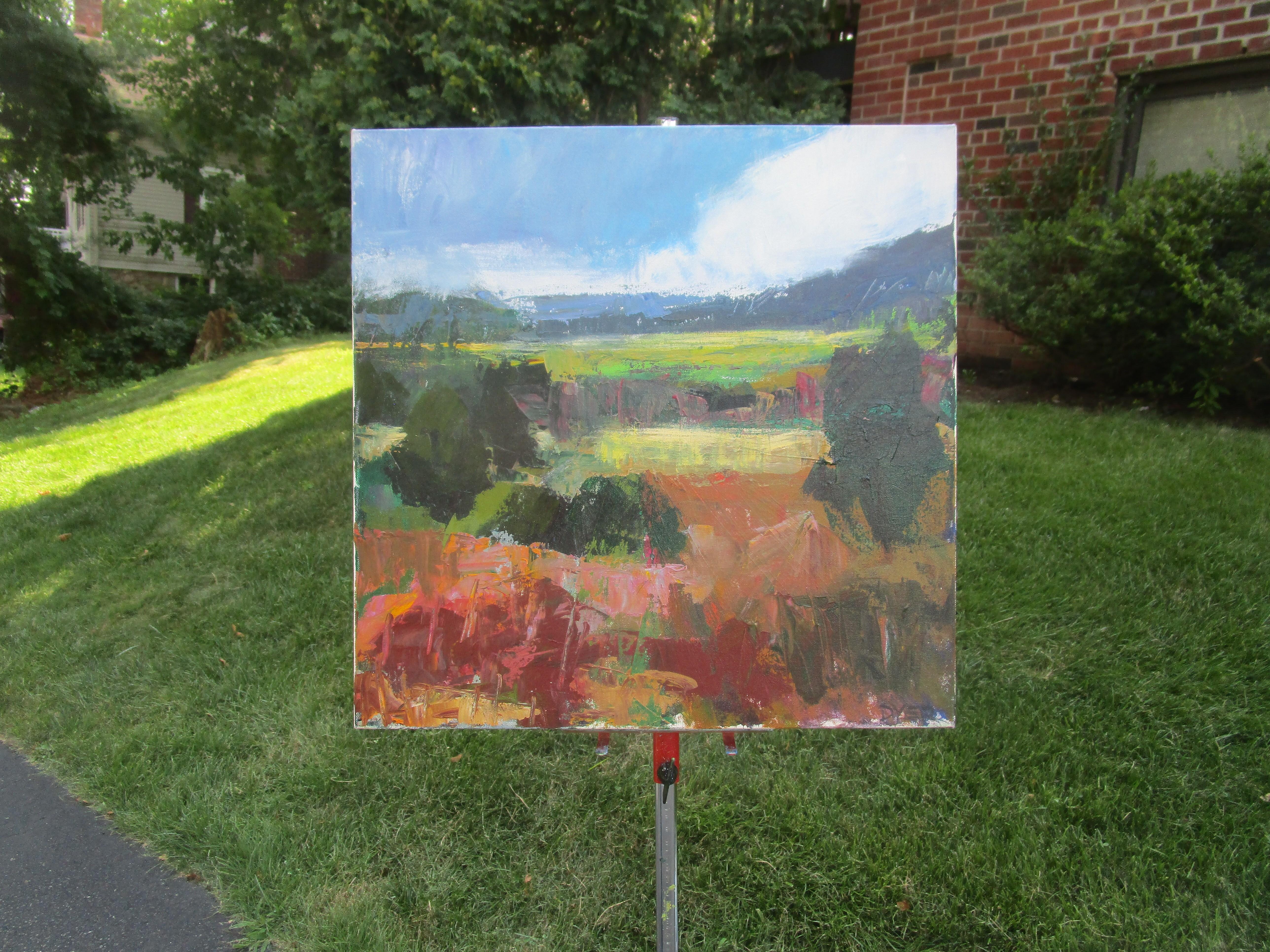 <p>Artist Comments<br>A field stretches across the Warwick countryside, echoing the vastness of the sky above. The clouds add softness to the scene. Rich reds and browns fill the foreground with trees, creating a shadowy contrast. Artist Janet Dyer