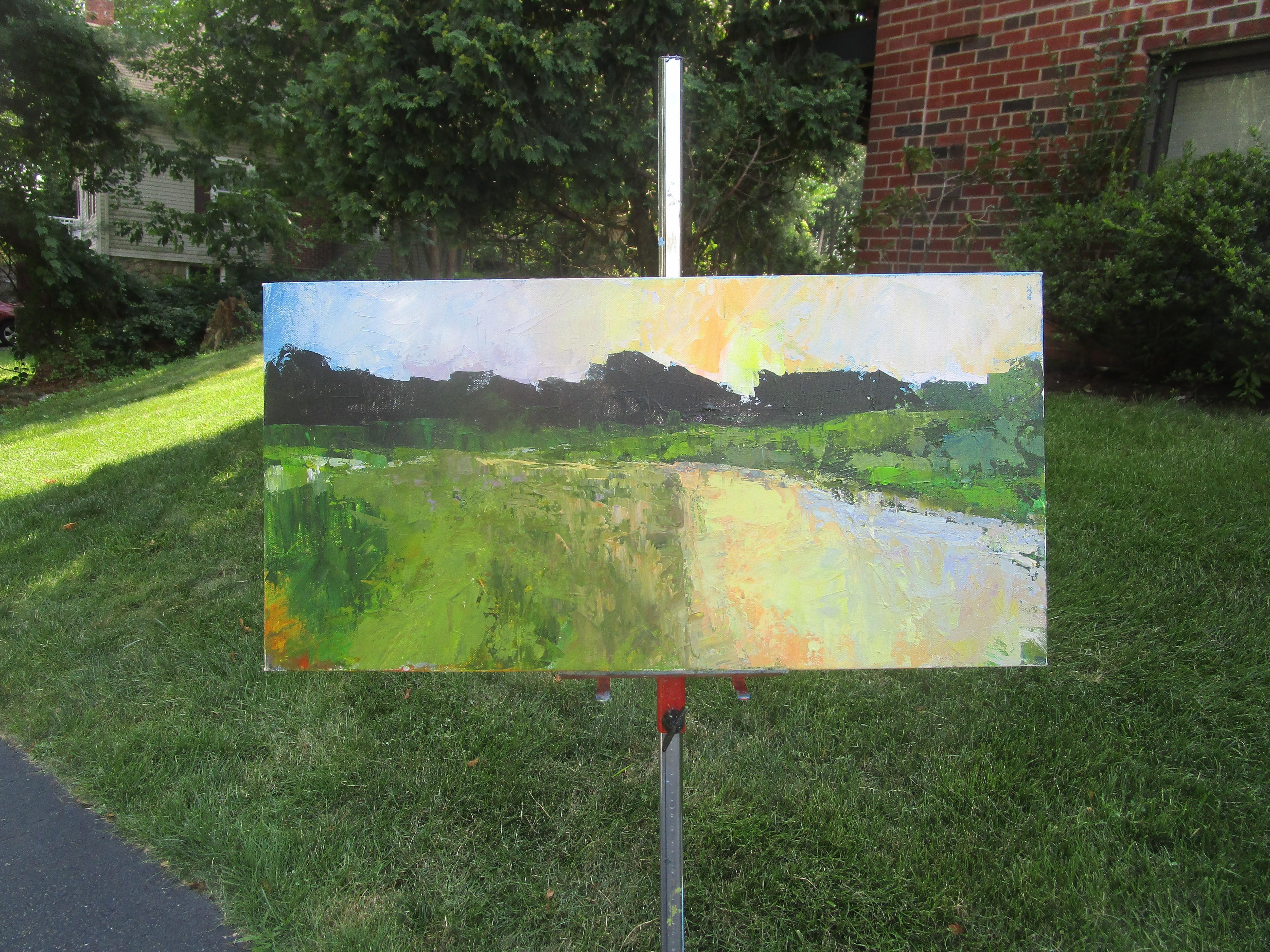 <p>Artist Comments<br>Various shades of green hint at an abstract landscape. It depicts a marsh with scattered pools that reflect the colors of the sky. Artist Janet Dyer painted the piece using a palette knife and a brush, giving it a subtle