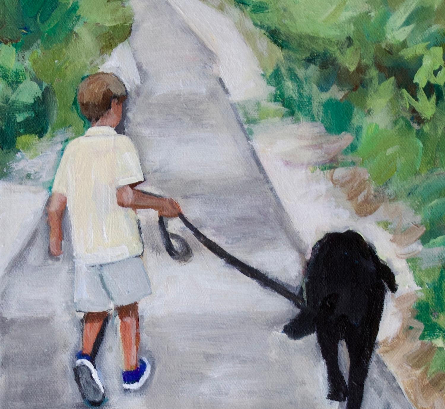 Passeggiata con il cane, dipinto originale - Figurative Painting Grigio di Carey Parks