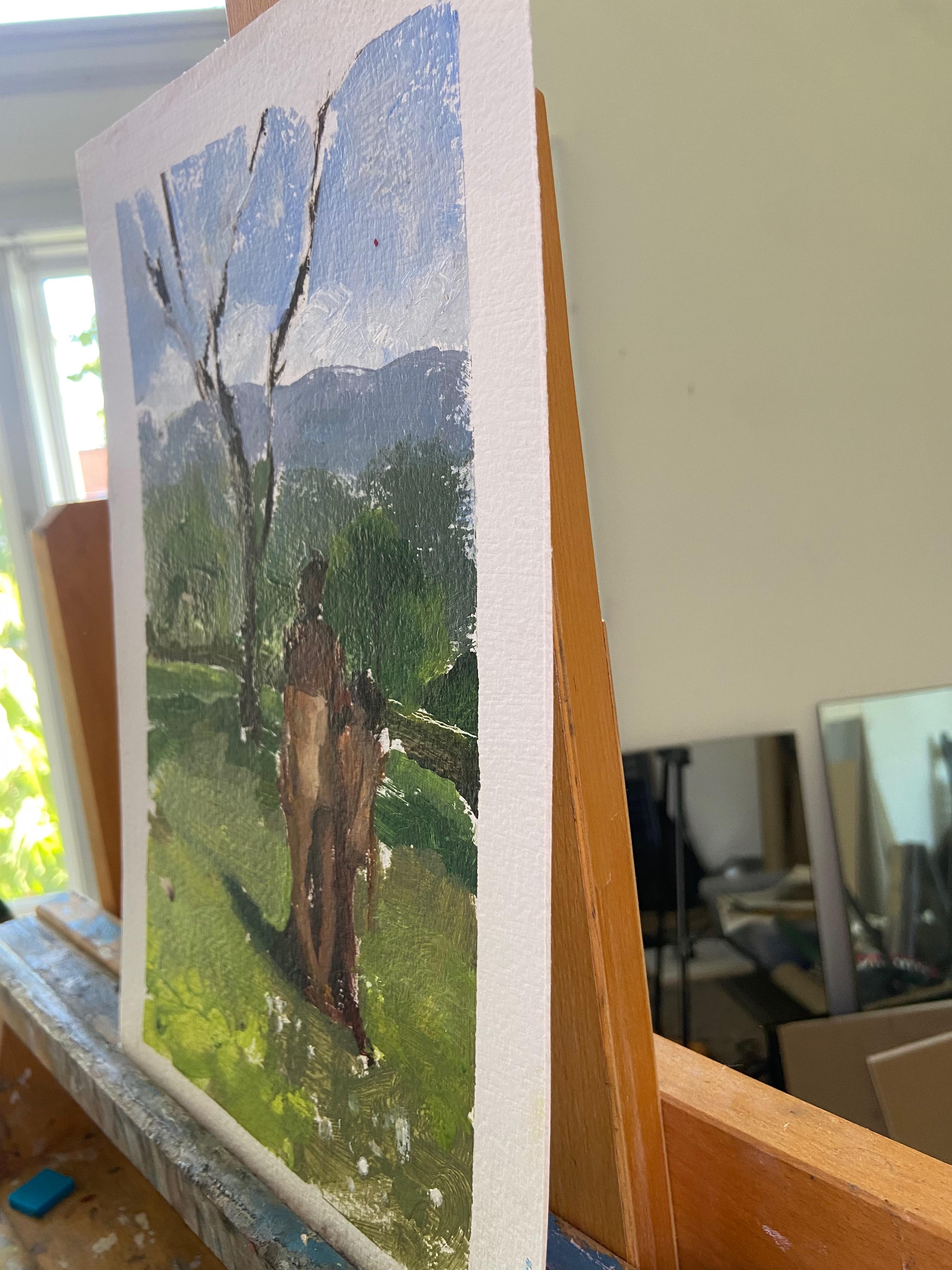 Figure in un paesaggio, pittura a olio - Painting di Sara Sisun