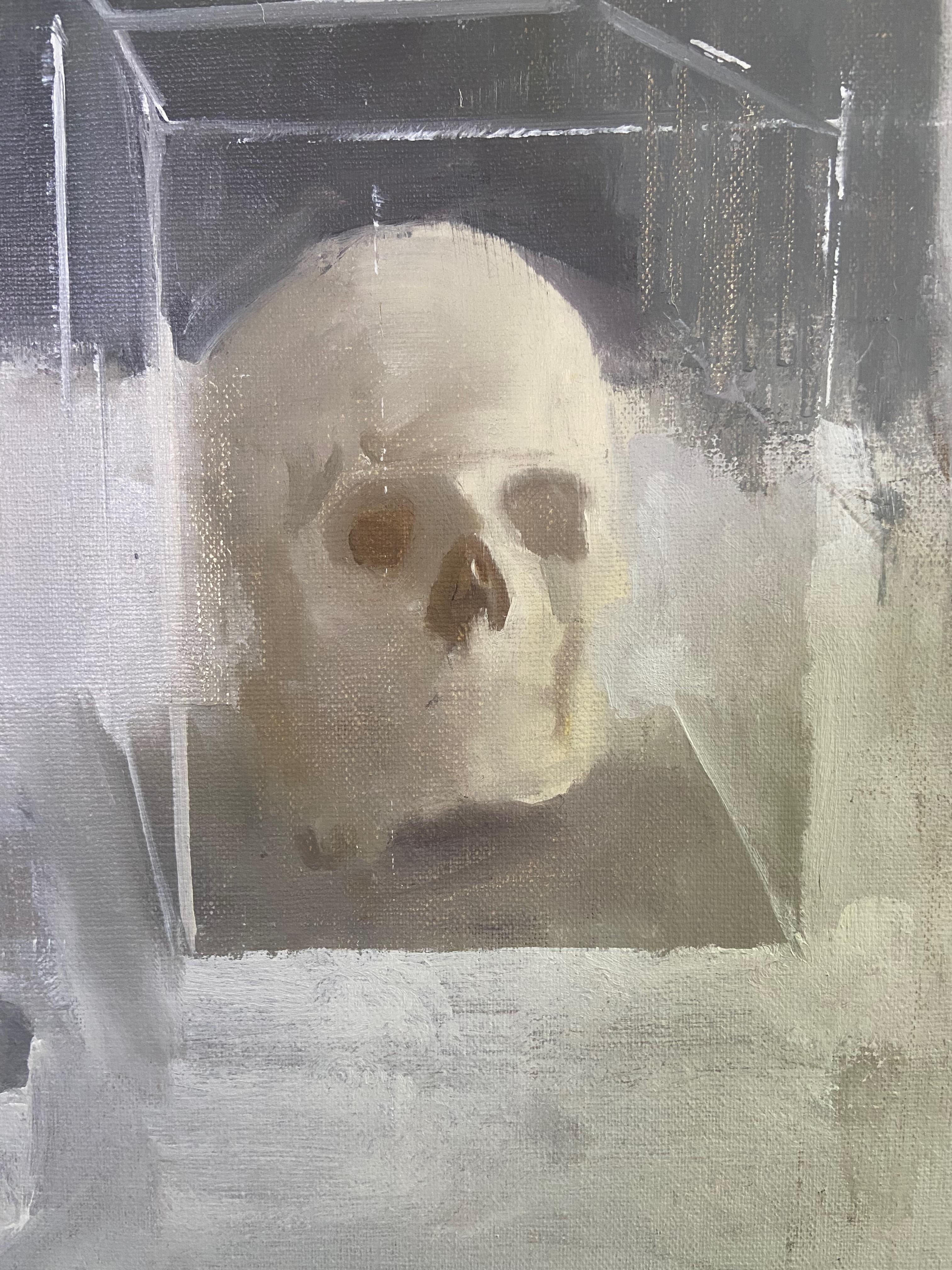 Studio del cranio, pittura a olio - Still-Life Painting Grigio di Sara Sisun