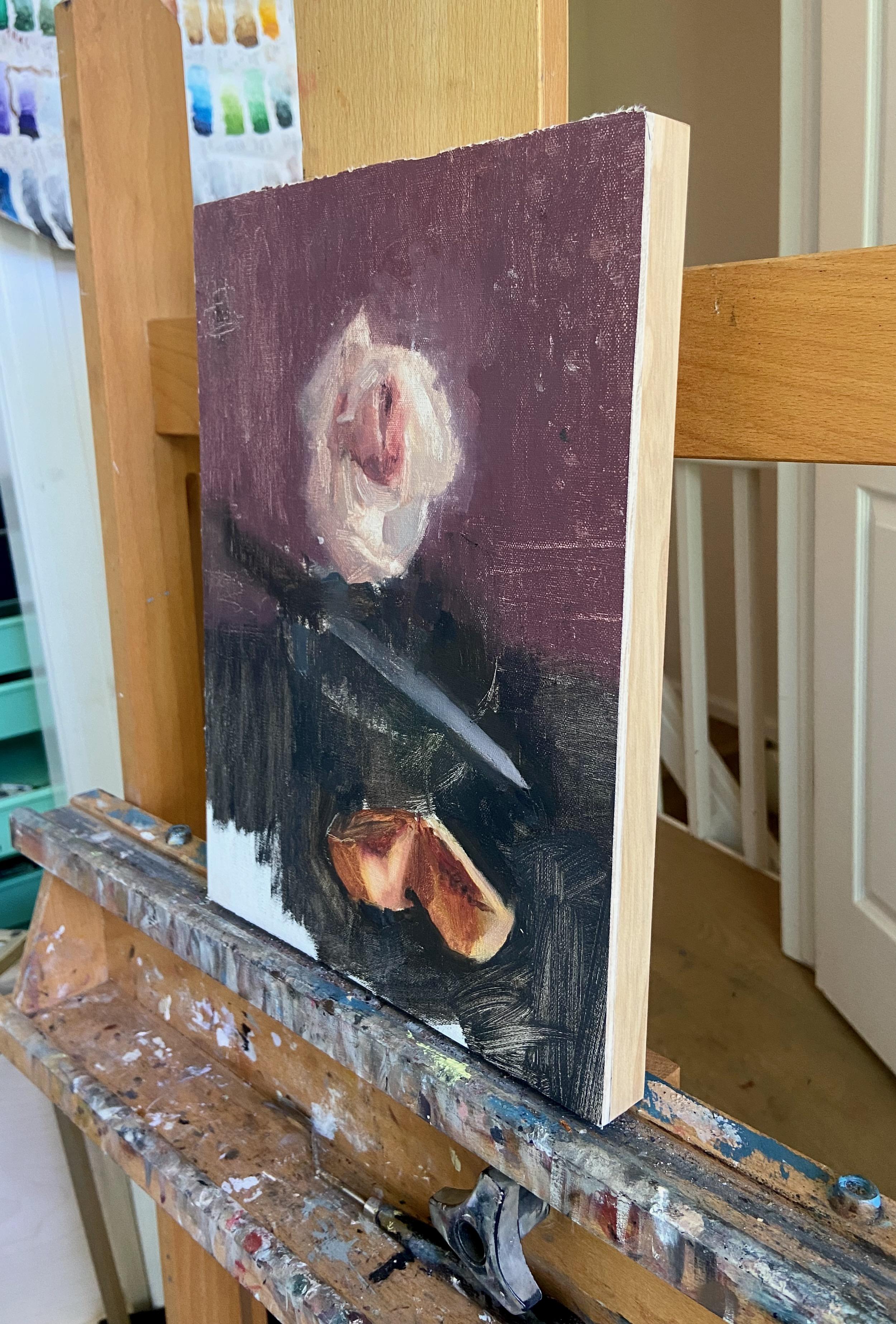 Rose flétrie, pêche, couteau, peinture à l'huile - Impressionnisme Art par Sara Sisun