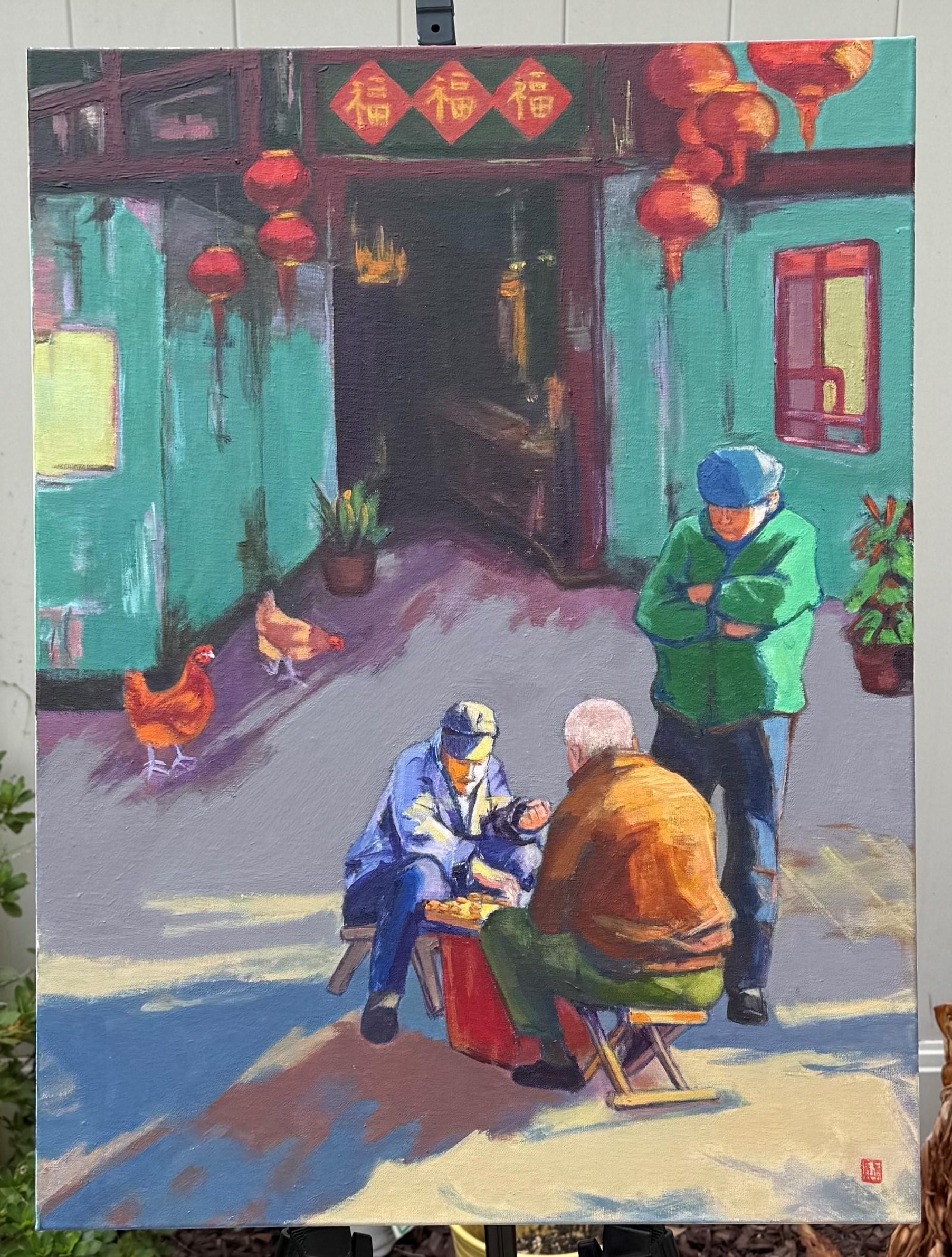 <p>Commenti dell'artista<br>Un'intensa partita a scacchi si svolge in un cortile assolato. Il sole del tardo pomeriggio disegna disegni intricati sulle dita e sui vestiti dei giocatori, oltre che sul terreno sotto di loro. Nelle vicinanze, due