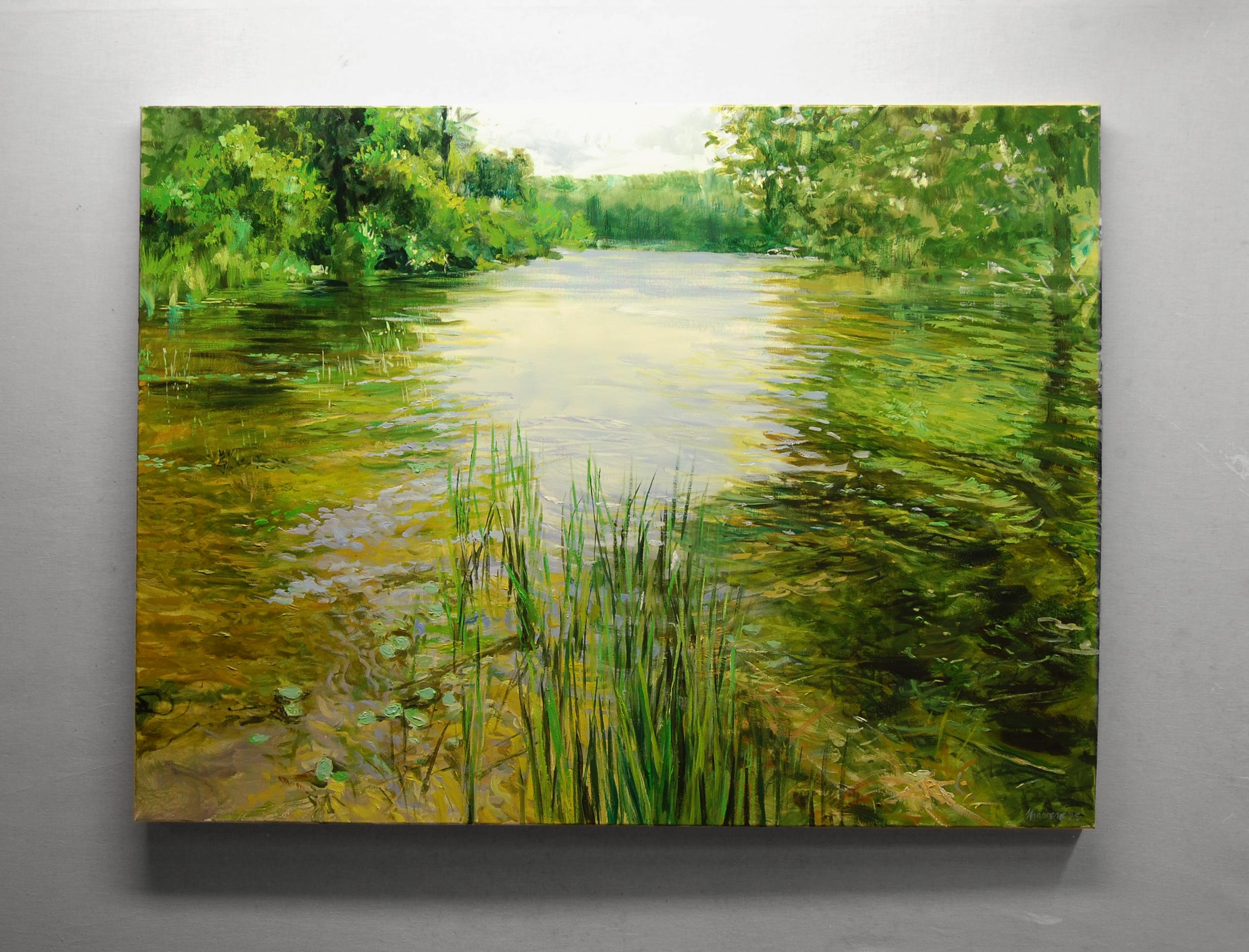 <p>Artist Comments<br>Tall trees frame the edge of a lake while reeds rise on its sandbar. Sunlight reflects off the calm water, casting a golden glow on its surface. The scene embodies a feeling of tranquility as artist Onelio Marrero captured this