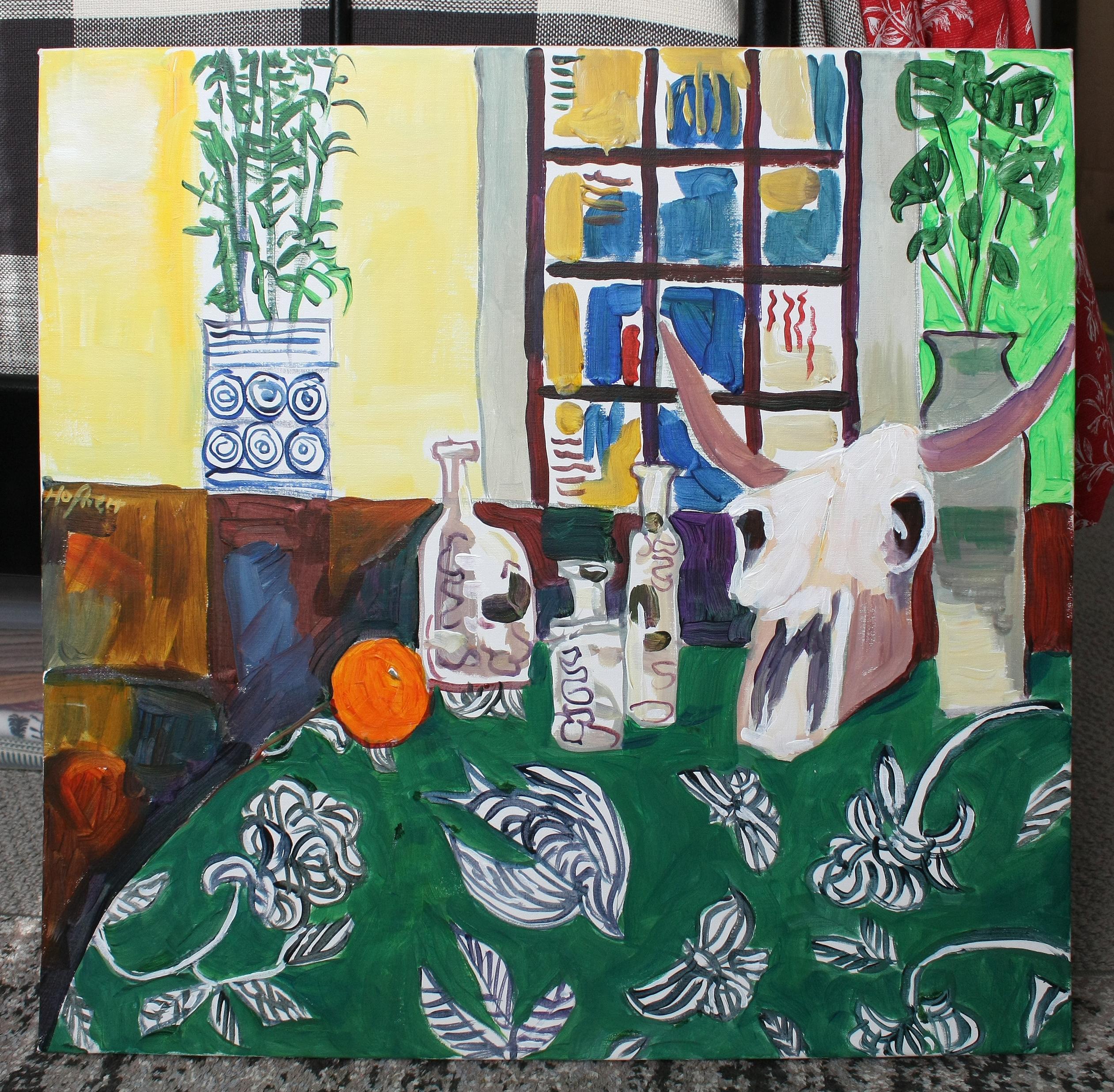 <p>Artist Comments<br>This still life depicts a domestic scene, featuring three bottles, a vase, an orange, and an animal skull arranged on a patterned green table. A plant on the other side of the room and a stained window balance the composition.