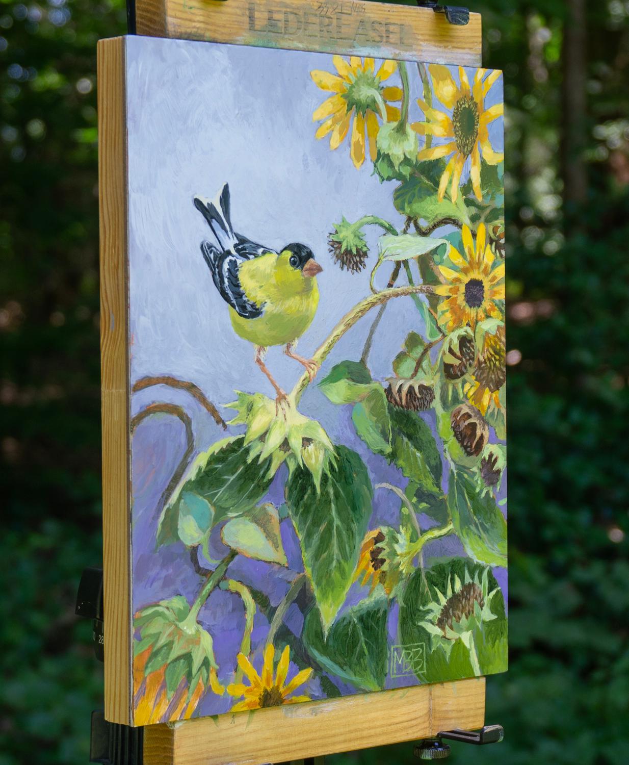 Goldfinch in a Tangle of Sunflowers, Original Painting - Impressionist Art by Mary Beatty-Brooks