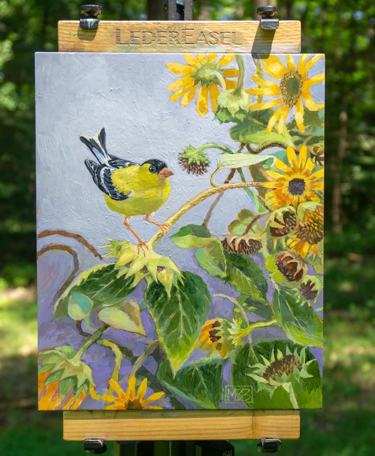 <p>Artist Comments<br>A goldfinch balances on a sunflower head. Its brilliant yellow-green features contrast with the flowers' warm tones, while the gradient purple background complements the foliage. The scene depicts a garden on a cloudy