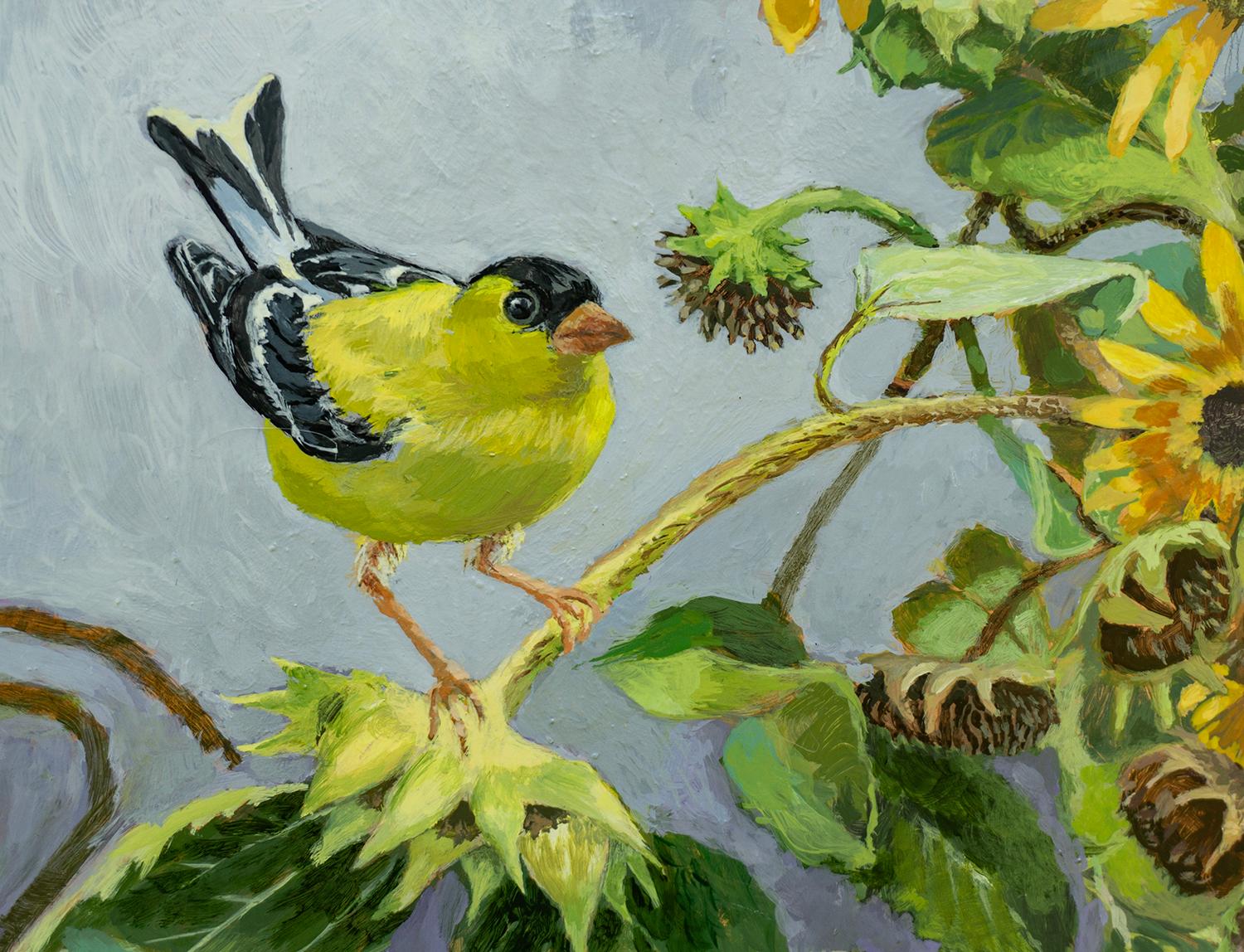 Goldfinch in a Tangle of Sunflowers, Original Painting For Sale 1